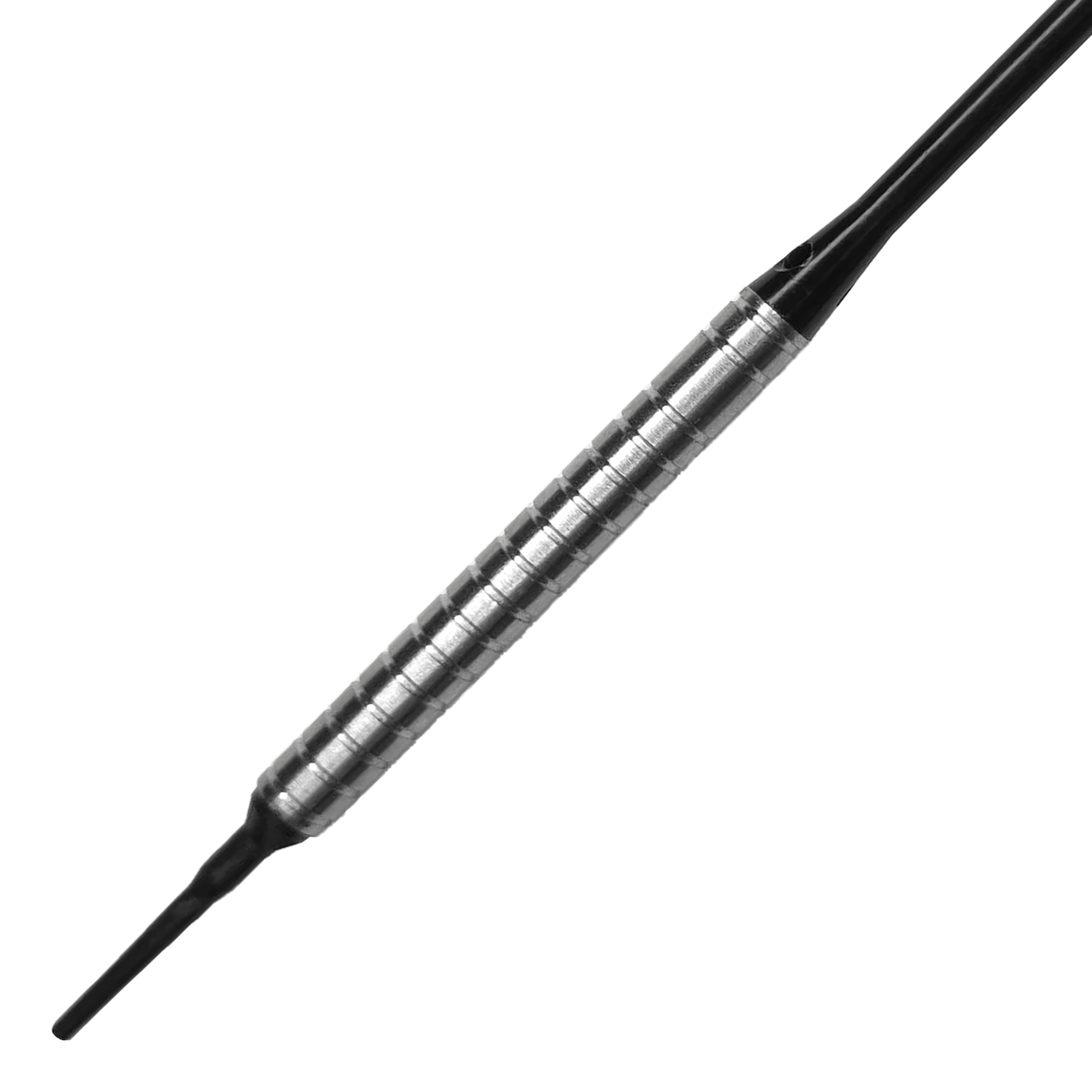 Fléchettes souples McDart 85 tungstène V24 - 18,5 g Das Bild zeigt einen McDart 85er Tungsten V24 Softdart mit einem Gewicht von 18,5 g. Der Dartpfeil hat eine silberne, geriffelte Barre und schwarze Kunststoffspitzen.