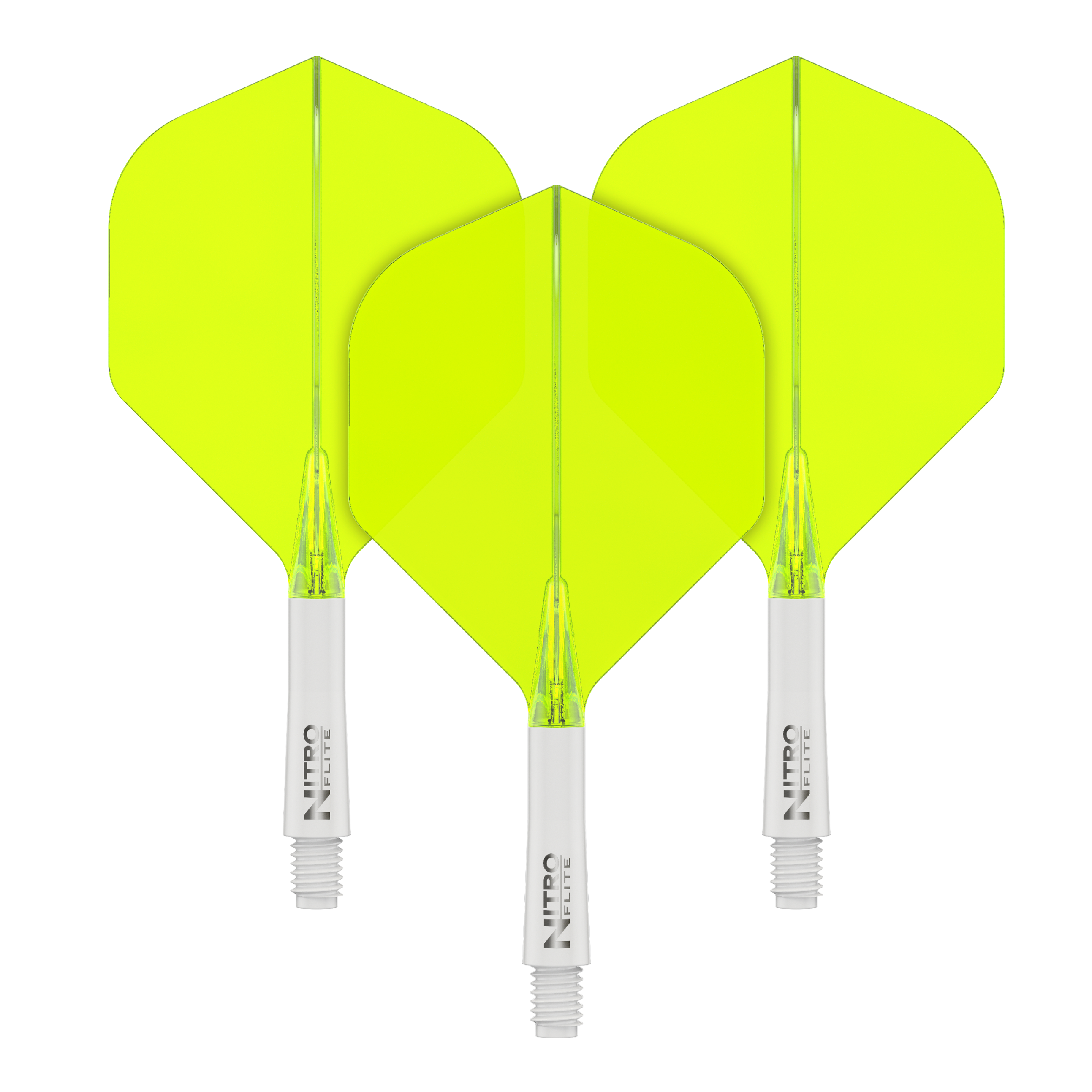 Red Dragon Nitroflite - Tige blanche Ailettes jaunes n°2 Auf dem Bild sind drei gelbe Dartflights mit weißen Schäften zu sehen. Sie stehen nebeneinander auf einem schwarzen Hintergrund.