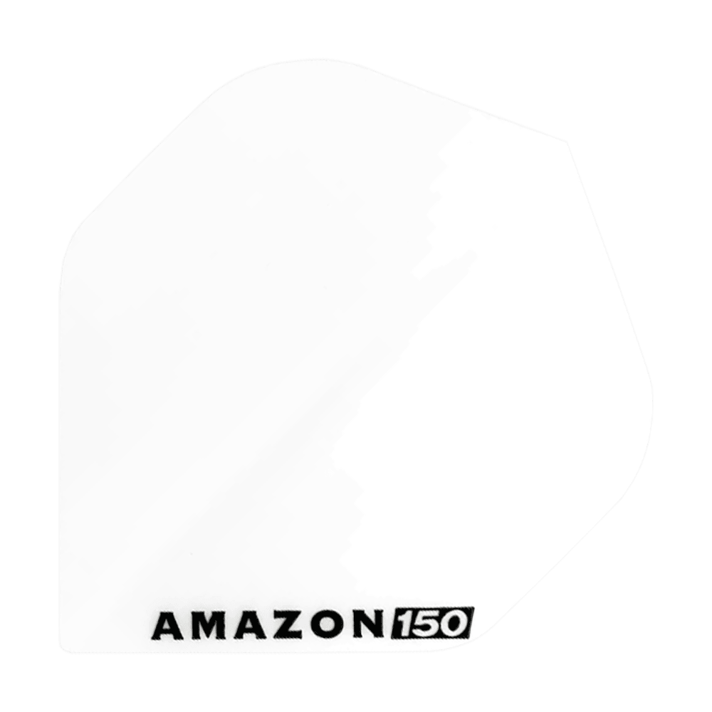 Vols Amazon 150 - Blanc Das Bild zeigt ein weißes Dartflight mit der Aufschrift "AMAZON 150" in schwarzer Farbe. Das Flight hat eine klassische, schlichte Form und ist komplett einfarbig.