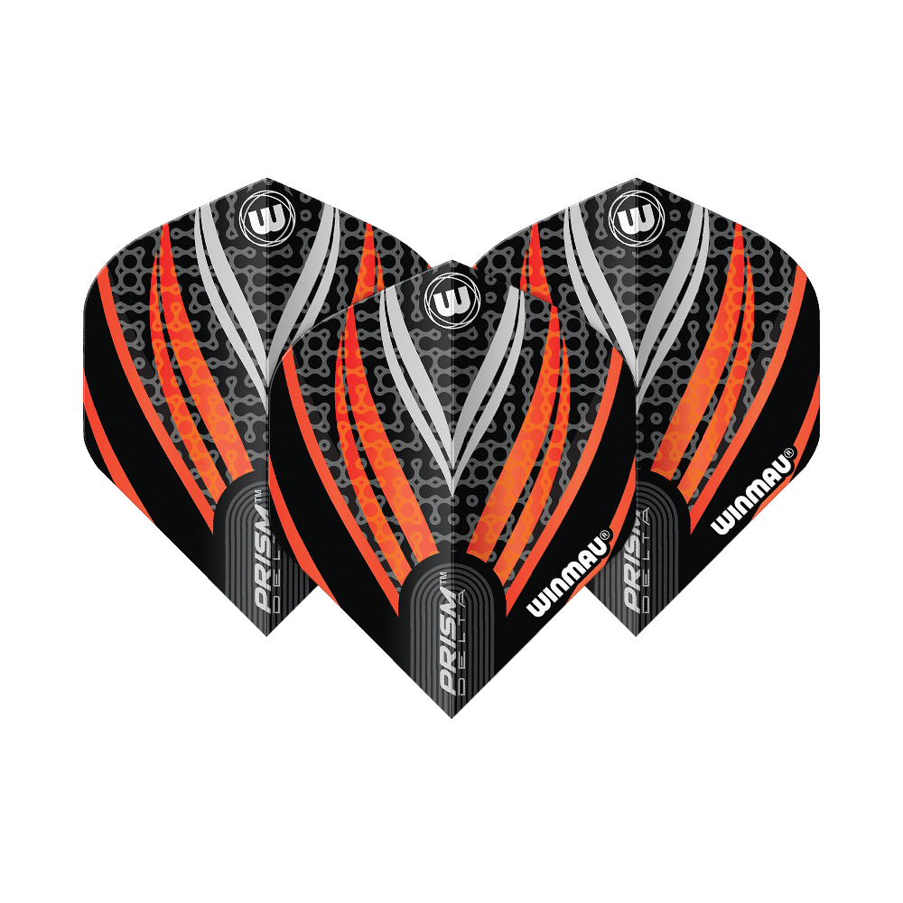 Vols standard Winmau Prism Delta Noir Blanc Orange n° 2 Das Bild zeigt drei Dart-Flights des Modells "Winmau Prism Delta" in Schwarz, Weiß und Orange. Die Flights haben ein modernes Design mit auffälligen orangefarbenen und silbernen Streifen.
