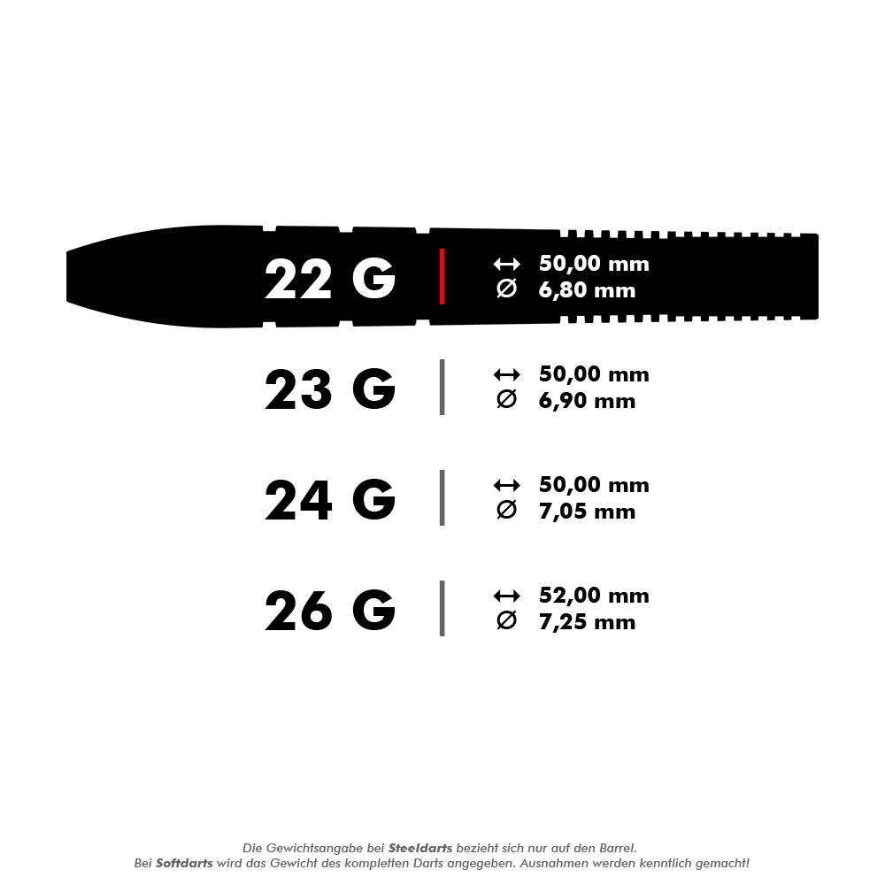 Fléchettes en acier Target Nathan Aspinall GEN2 Swiss Point Das Bild zeigt verschiedene Gewichte und Maße von Steeldarts: 22g, 23g, 24g und 26g. Zu jedem Gewicht werden die jeweilige Länge und der Durchmesser des Barrels angegeben.