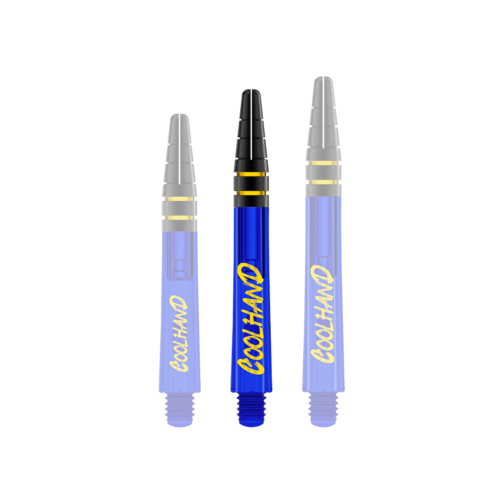 Tiges Red Dragon Nitrotech Luke Humphries Coolhand - Bleues Auf dem Bild sind drei blaue Dart-Schäfte mit der gelben Aufschrift "COOLHAND" zu sehen. Die Schäfte haben schwarze und goldene Akzente am oberen Ende.