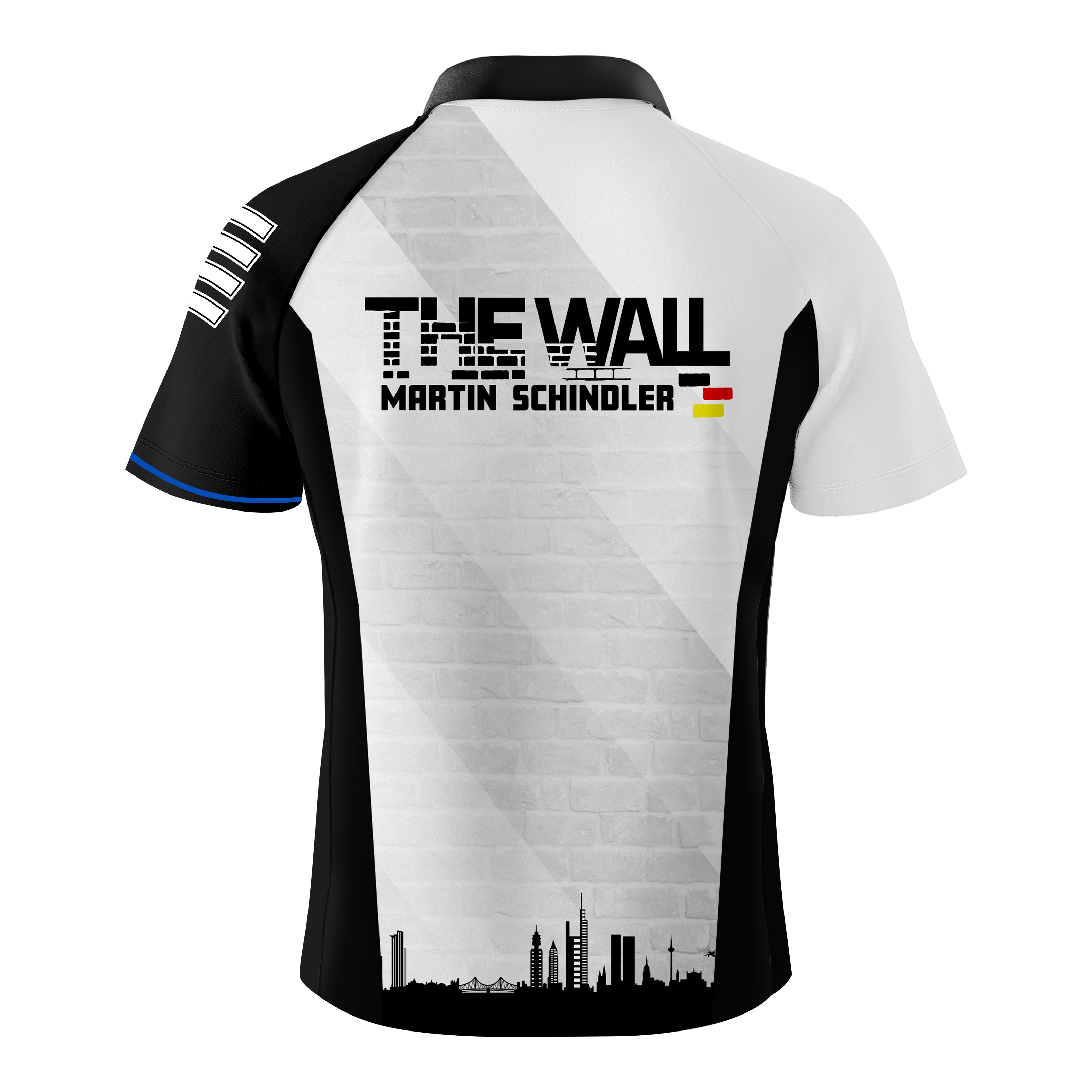 T-shirt de fléchettes Bulls Martin Schindler The Wall Das Bild zeigt das "Bulls Martin Schindler The Wall Dartshirt" von hinten. Auf dem Shirt steht "THE WALL MARTIN SCHINDLER" mit einer kleinen Deutschlandflagge und einer Stadtsilhouette darunter.