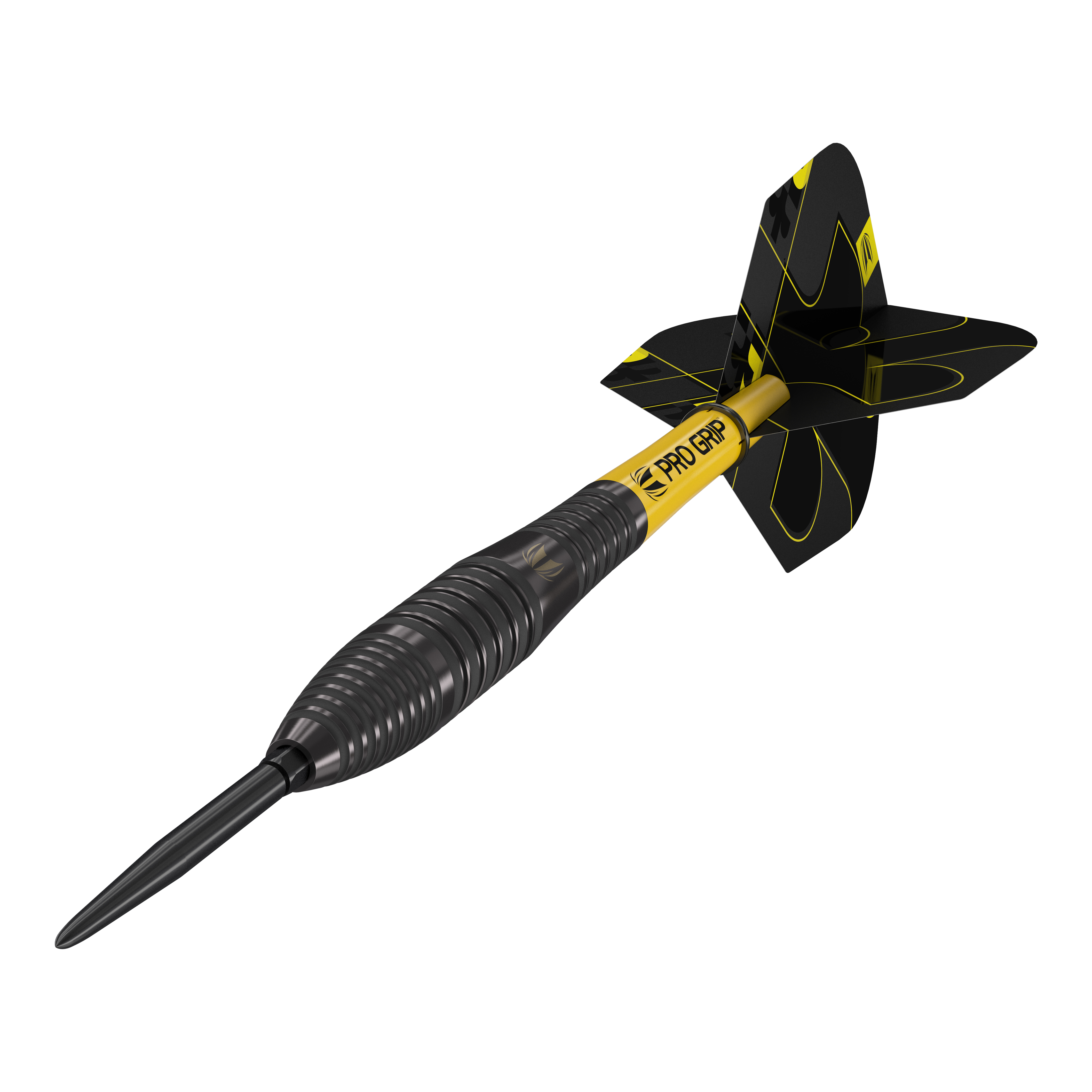 Fléchettes en acier Target Bolide Void 05 Swiss Point Das Bild zeigt einen Target Bolide Void 05 Swiss Point Steeldart. Der Dart ist schwarz mit gelben Akzenten und hat einen gerillten Griff sowie gelbe "Pro Grip"-Schriftzüge.