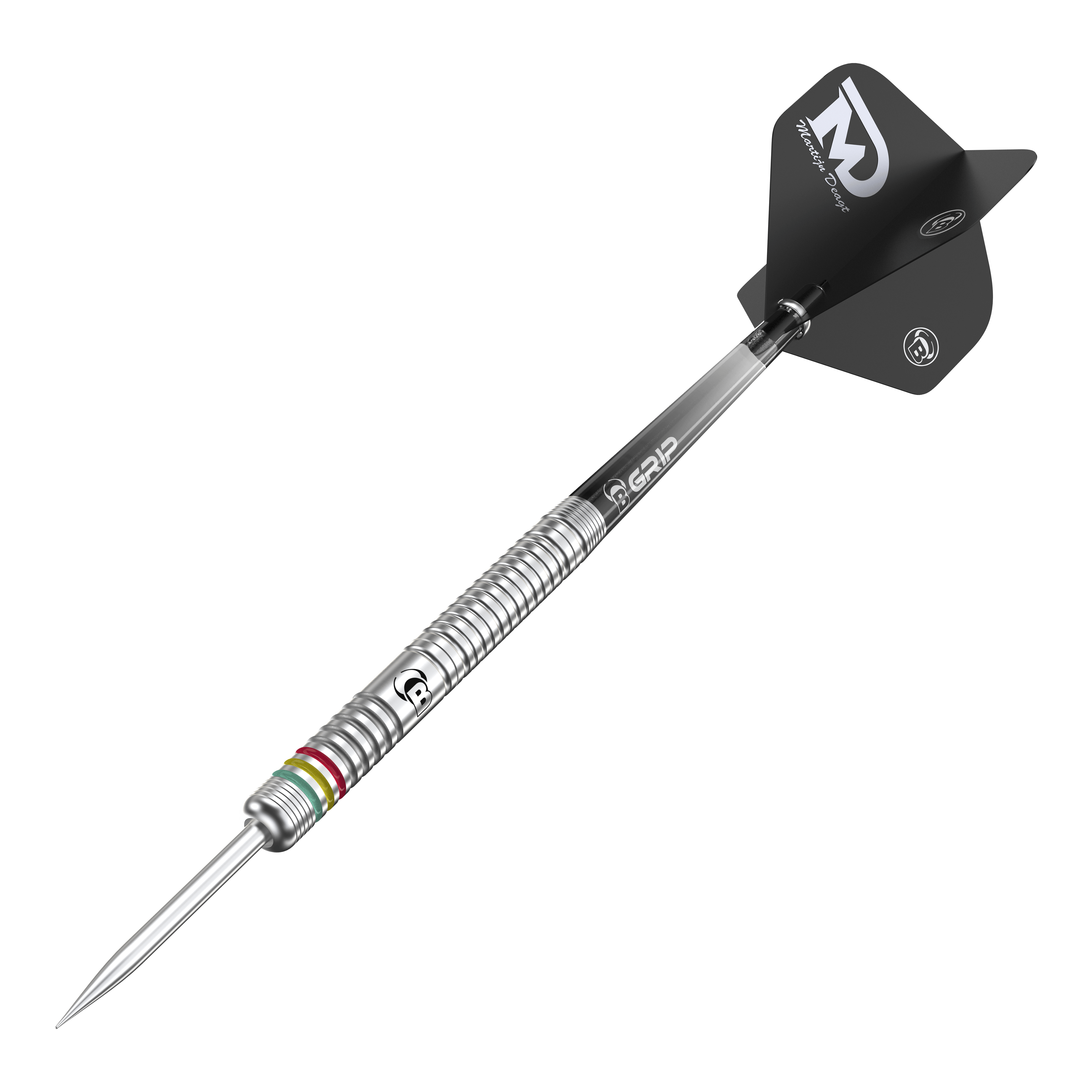 Fléchettes en acier Bulls Martijn Dragt - 24 g Auf dem Bild ist ein Bulls Martijn Dragt Steeldart mit einem Gewicht von 24g zu sehen. Der Dartpfeil hat einen silbernen, gerillten Schaft und schwarze Flights mit weißer Aufschrift.