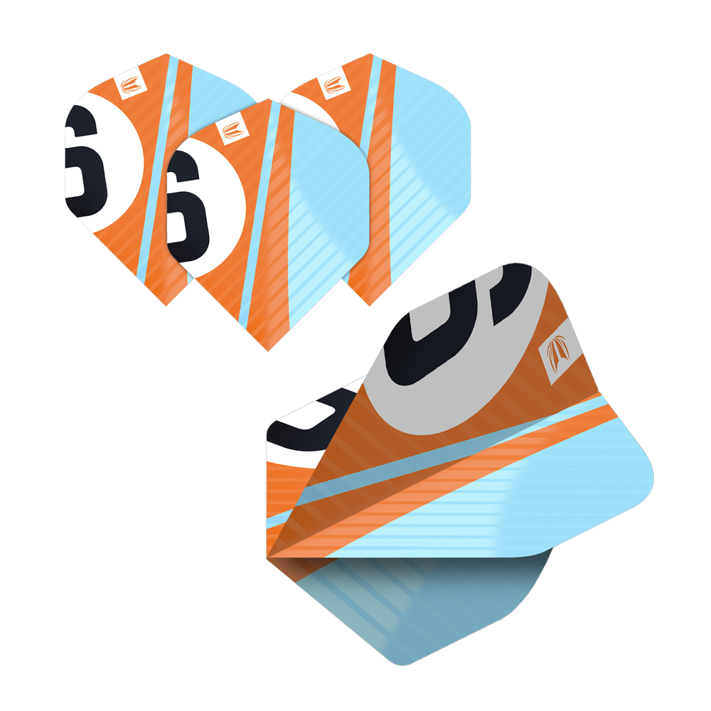 337204_Target_ProUltra_5Sets_Multipack_Chicane_No2_Standard_Flights_43K0AetR7xqsvN Das Bild zeigt die "Target Pro Ultra Chicane Multipack No2 Standard Flights" in einem Set mit 5 Stück. Die Flights sind in Orange, Blau und Schwarz gestaltet und tragen eine große "6" als Designelement.