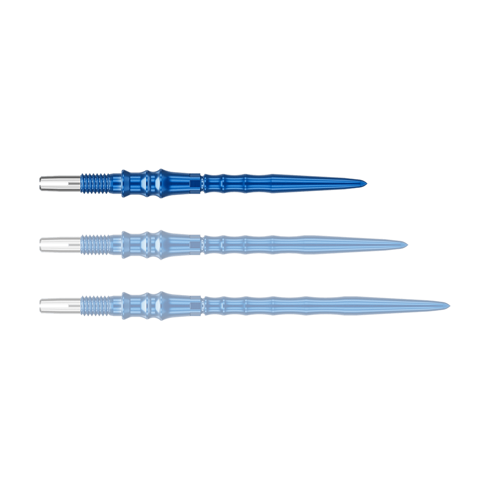Pointes de fléchettes Target Japan Premium Swiss Point - Bleues Das Bild zeigt ein einzelnes, blaues Dartspitze. Die Spitze ist 30 mm lang.