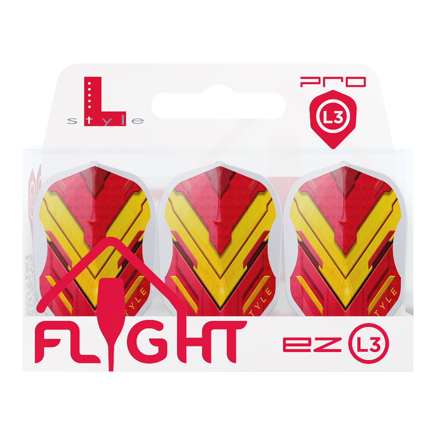 Vols L-Style V-Series V1 Type A Espagne Blanc Transparent L3EZ Das Bild zeigt eine Packung mit drei Dart-Flights der Marke L-Style in den Farben Rot und Gelb. Auf der Verpackung steht „FLIGHT ez L3“ und oben rechts ist das Pro L3-Logo zu sehen.
