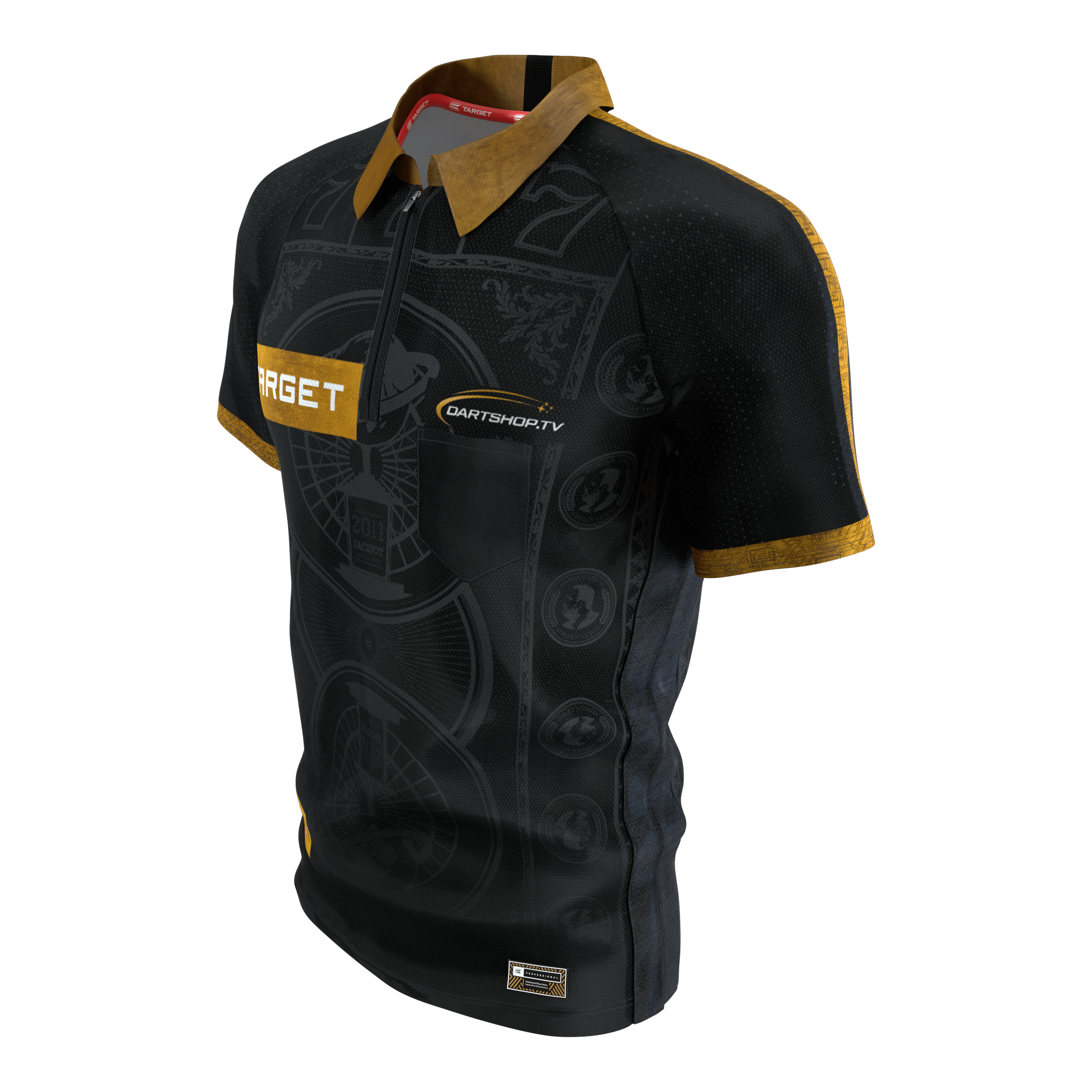 Das Bild zeigt das Target Adrian Lewis Dartshirt 2026. Das Dartshirt ist ein offizielles Sporttrikot mit markantem Design.