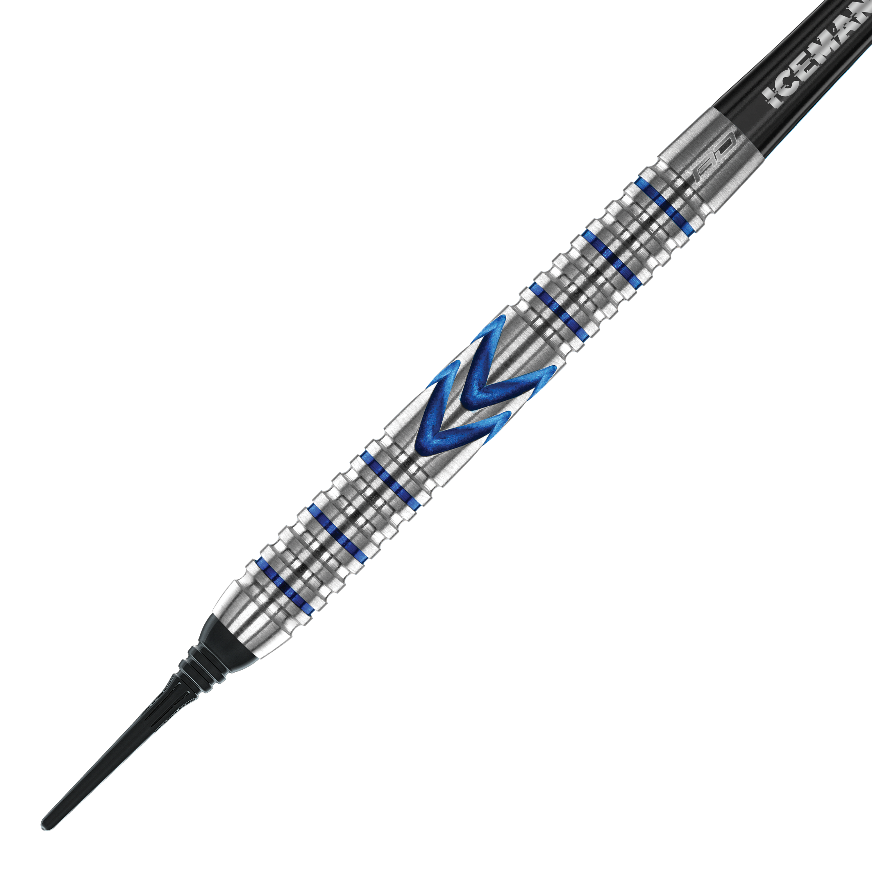 Fléchettes souples Red Dragon Gerwyn Price Iceman Midnight Edition - 20 g Dies ist ein Softdart der Marke Red Dragon, Modell Gerwyn Price Iceman Midnight Edition mit 20 Gramm Gewicht. Der Dart hat ein silbernes Griffstück mit blauen Akzenten und einem markanten Zickzack-Muster.