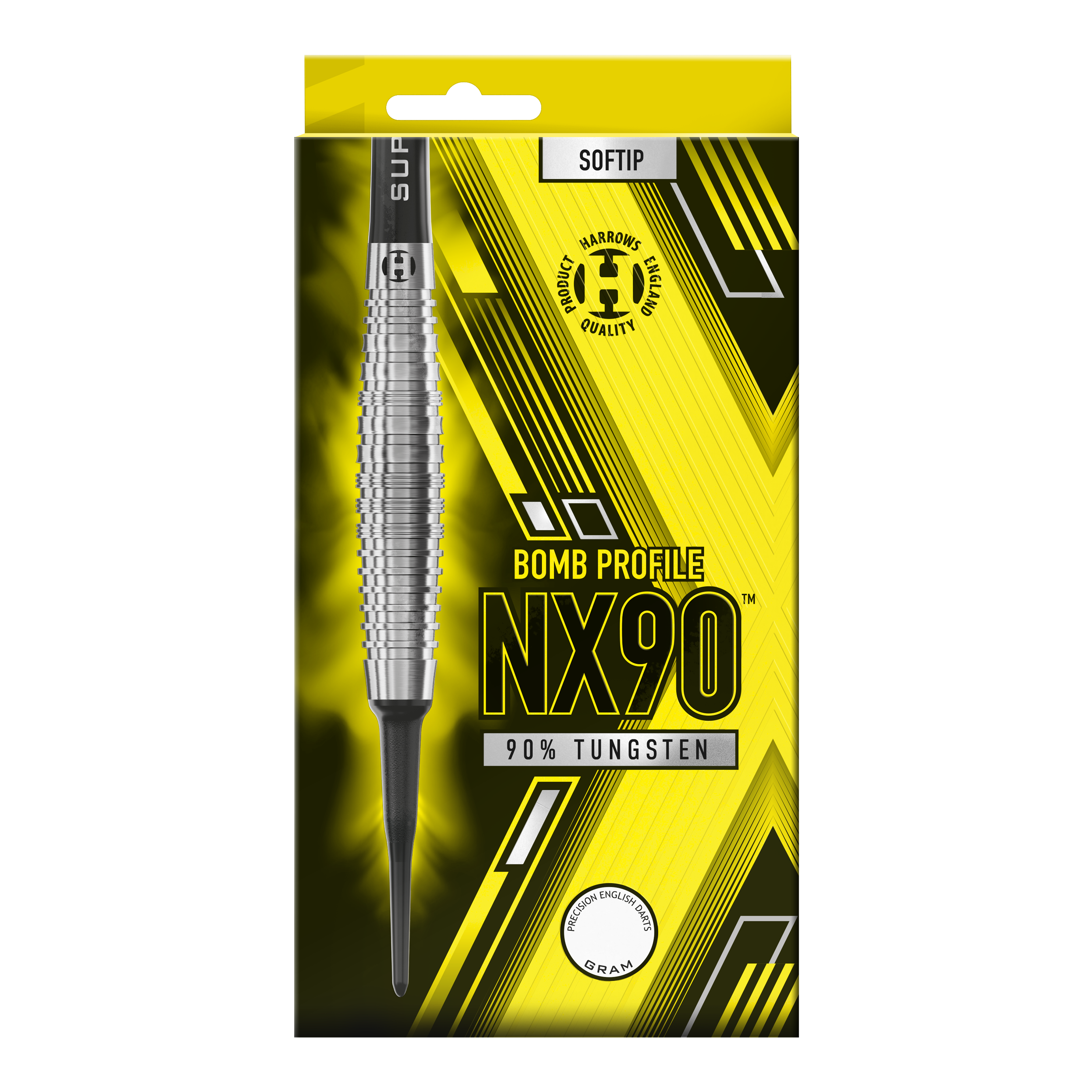 Fléchettes souples Harrows NX90 Bomb Die Verpackung zeigt die "Harrows NX90 Bomb Softdarts" mit einem auffälligen gelb-schwarzen Design. Auf der Vorderseite steht, dass die Darts aus 90% Tungsten bestehen und eine Bombenform haben.