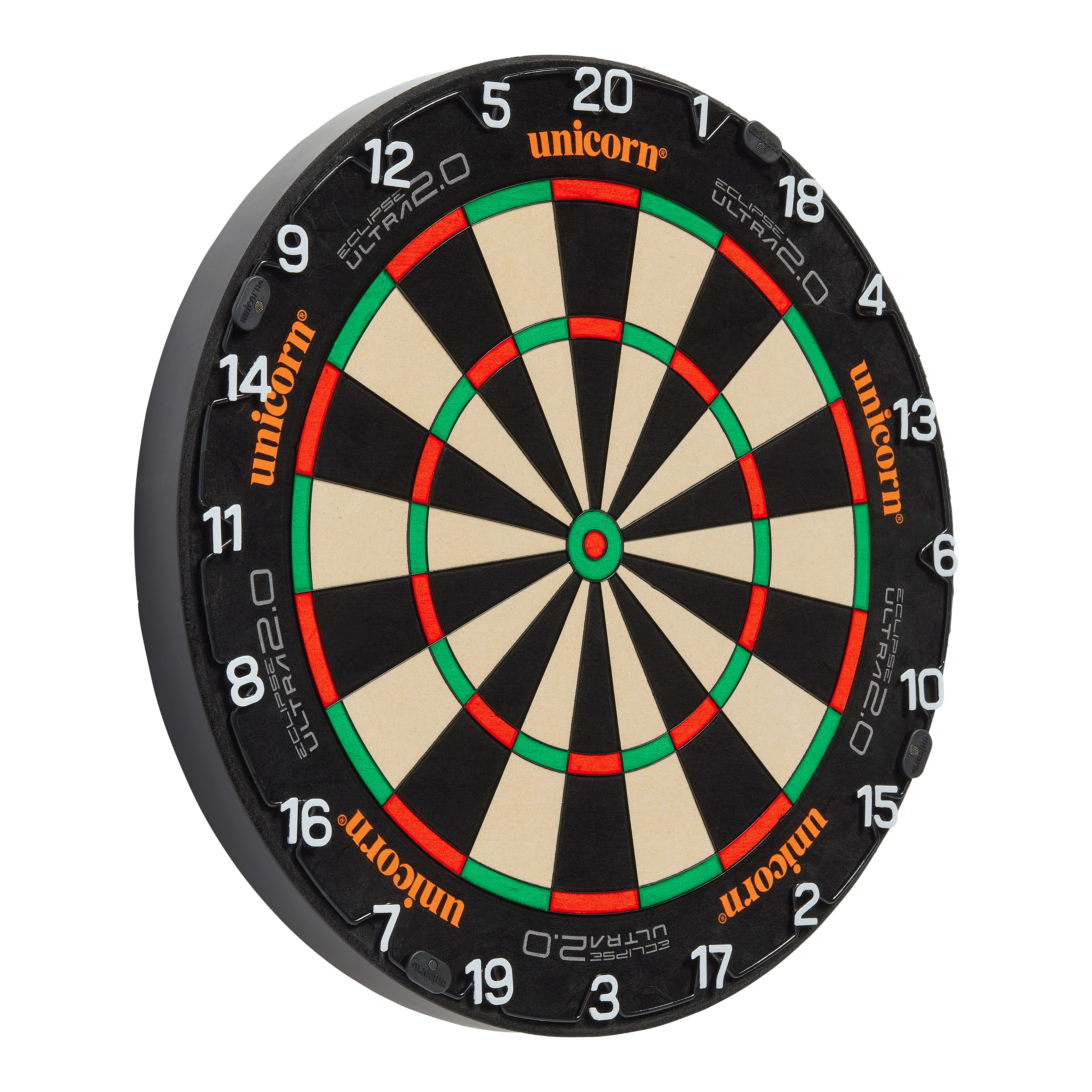 Cible de fléchettes en acier Unicorn Eclipse Ultra 2.0 Das Bild zeigt eine Unicorn Eclipse Ultra 2.0 Steeldartboard. Die Dartscheibe hat ein klassisches Design mit schwarzen, weißen, roten und grünen Segmenten.