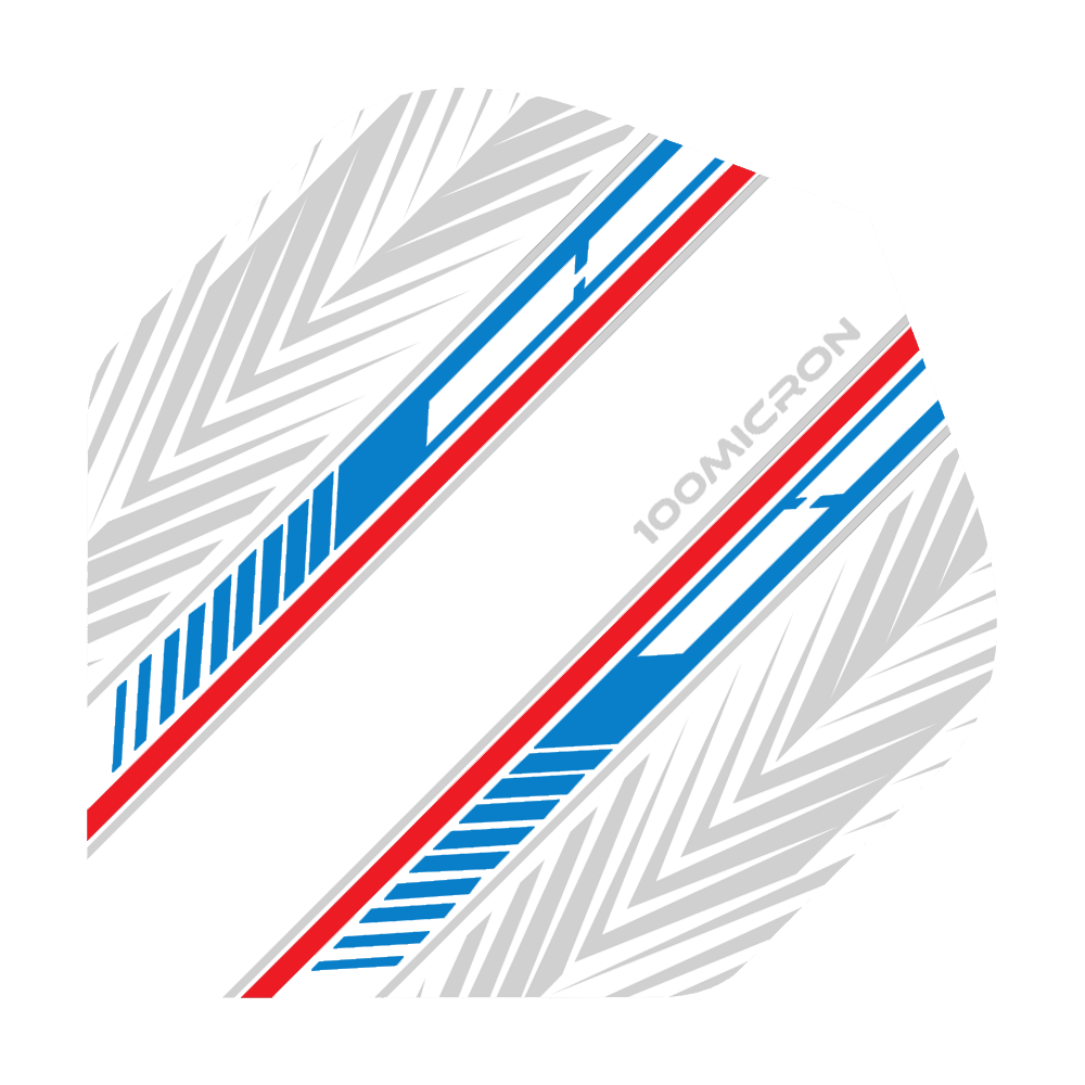 Vols de Pentathlon blanc/bleu/rouge Das Bild zeigt ein Dart-Flight mit einem weißen Hintergrund und blauen sowie roten Linien. Auf dem Flight ist außerdem ein graues Muster und der Schriftzug „100 MICRON“ zu sehen.