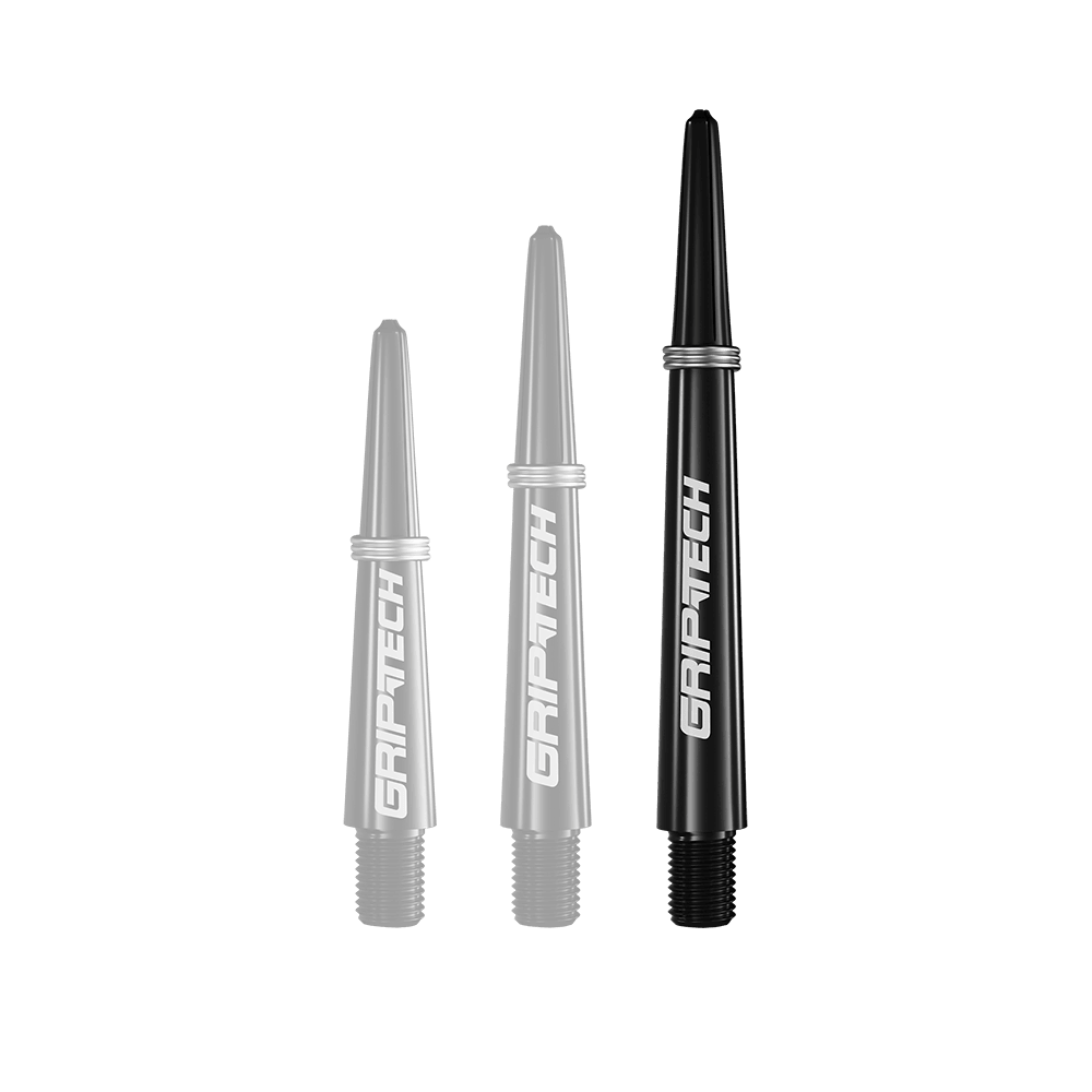 Tiges GOAT Griptech - Noires Auf dem Bild sind drei schwarze Dartschäfte in verschiedenen Längen zu sehen. Auf jedem Schaft steht das weiße Logo "GRIPTECH".