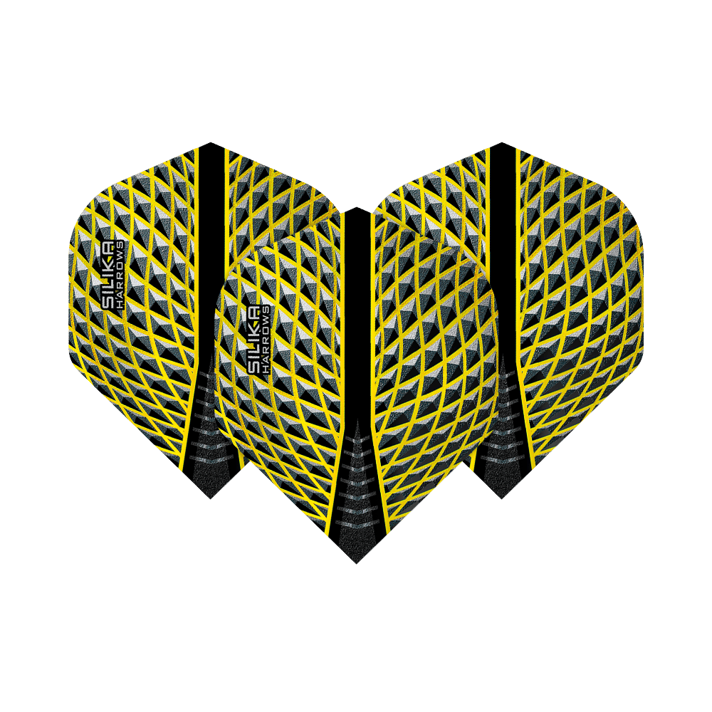 HR88_Harrows_Silika_Yellow_No2_Standard_Flights_1Dyfveyt7nLsr3 Das Bild zeigt die Harrows Silika Yellow No2 Standard Flights. Die Flights haben ein auffälliges gelb-schwarzes Muster mit einem modernen Design.