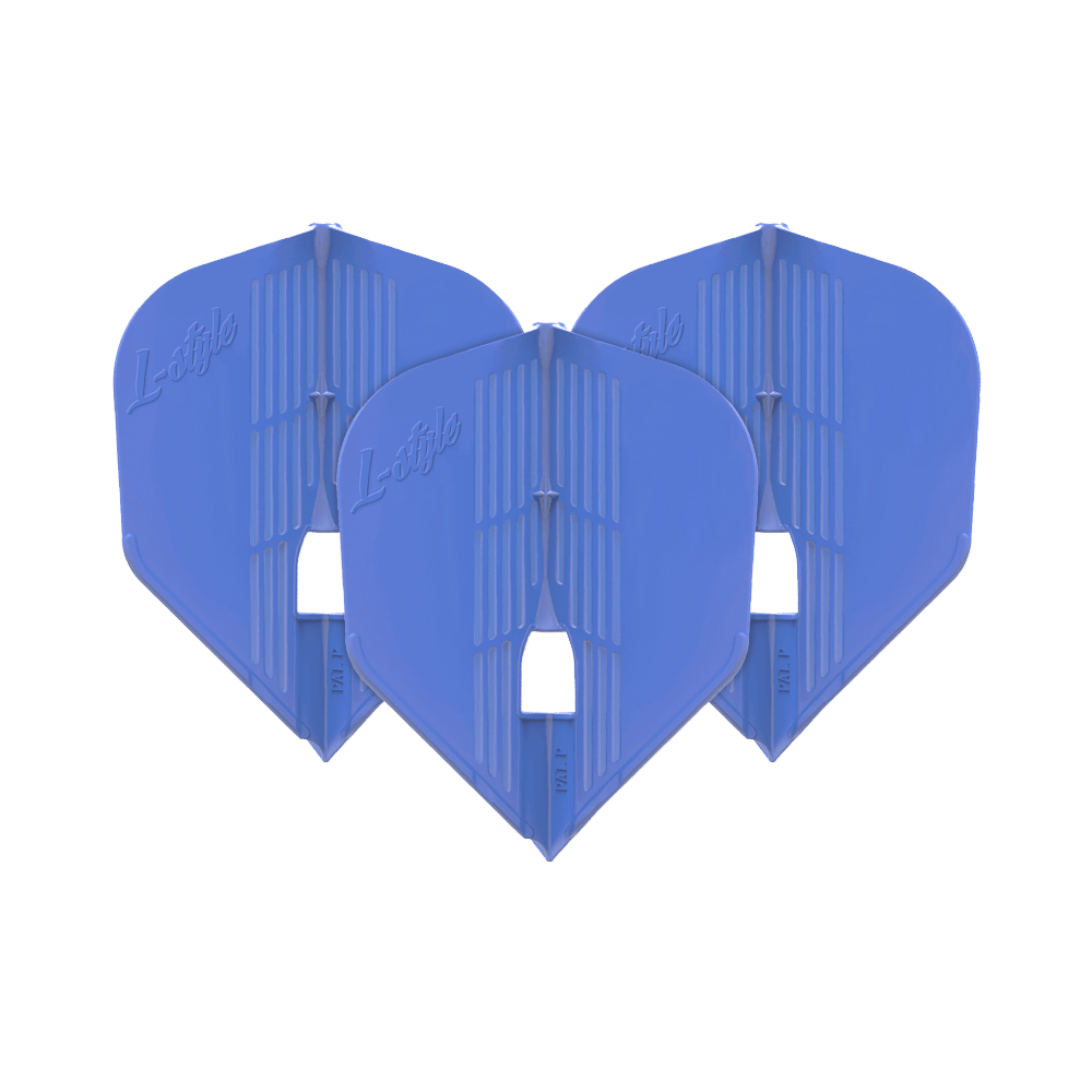 Vols KAMI L3PRO de style L Das Bild zeigt drei blaue Dartflights der Marke L-Style. Sie sind nebeneinander aufgereiht und haben eine moderne, strukturierte Oberfläche.