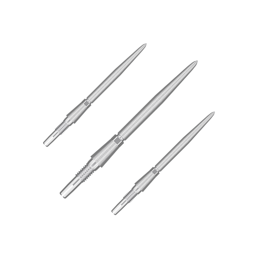 Target Swiss Storm Nano Point Dartspitzen - Silber Auf dem Bild sind drei silberne Dartspitzen abgebildet. Sie sind aus Metall und haben eine schlanke, geriffelte Form.