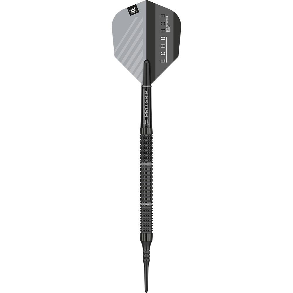 210058_Target_Echo_11_Softdarts_1nwFxyNqRtVg6O Das Bild zeigt einen „Target Echo 11 Softdart“ mit schwarzem und silbernem Design. Der Dartpfeil hat einen strukturierten Griff und eine moderne Optik.