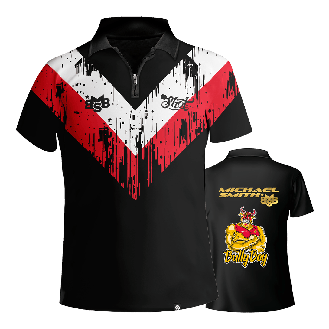 Chemise à fléchettes à rayures blanches Shot Michael Smith Das Bild zeigt das Shot Michael Smith White Stripe Dartshirt mit auffälligem roten und weißen Streifenmuster auf schwarzem Grund. Auf der Rückseite sind der Name "Michael Smith", das Logo "Bully Boy" und eine Zeichnung eines muskulösen Stiers zu sehen.