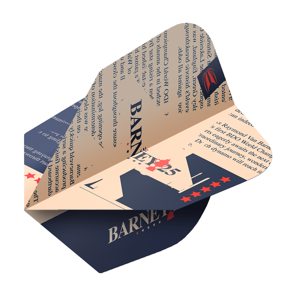 Target ProUltra Raymond Van Barneveld Barney25 No6 Vols Das Bild zeigt einen Target ProUltra Raymond Van Barneveld Barney25 No6 Dartflight. Das Design ist in Blau und Beige gehalten und enthält Text sowie Sterne und den Namen "Barney25".