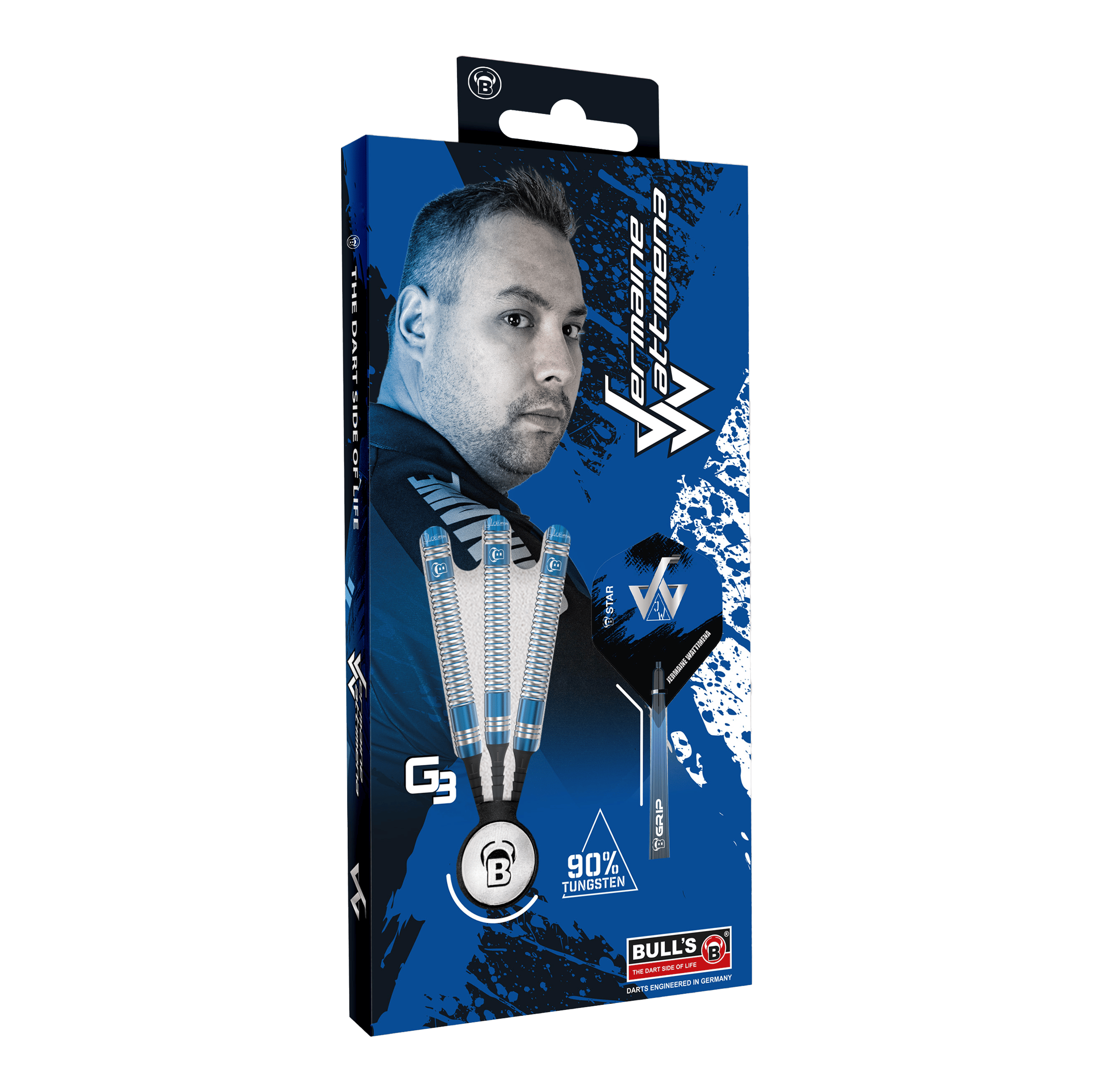 Fléchettes souples Bulls Jermaine Wattimena Génération 3 - 20 g Die Abbildung zeigt die Verpackung der Bulls Jermaine Wattimena Generation 3 Softdarts mit 20g Gewicht. Auf der Verpackung sind drei Darts sowie ein Porträt von Jermaine Wattimena und der Hinweis auf 90 % Tungsten zu sehen.