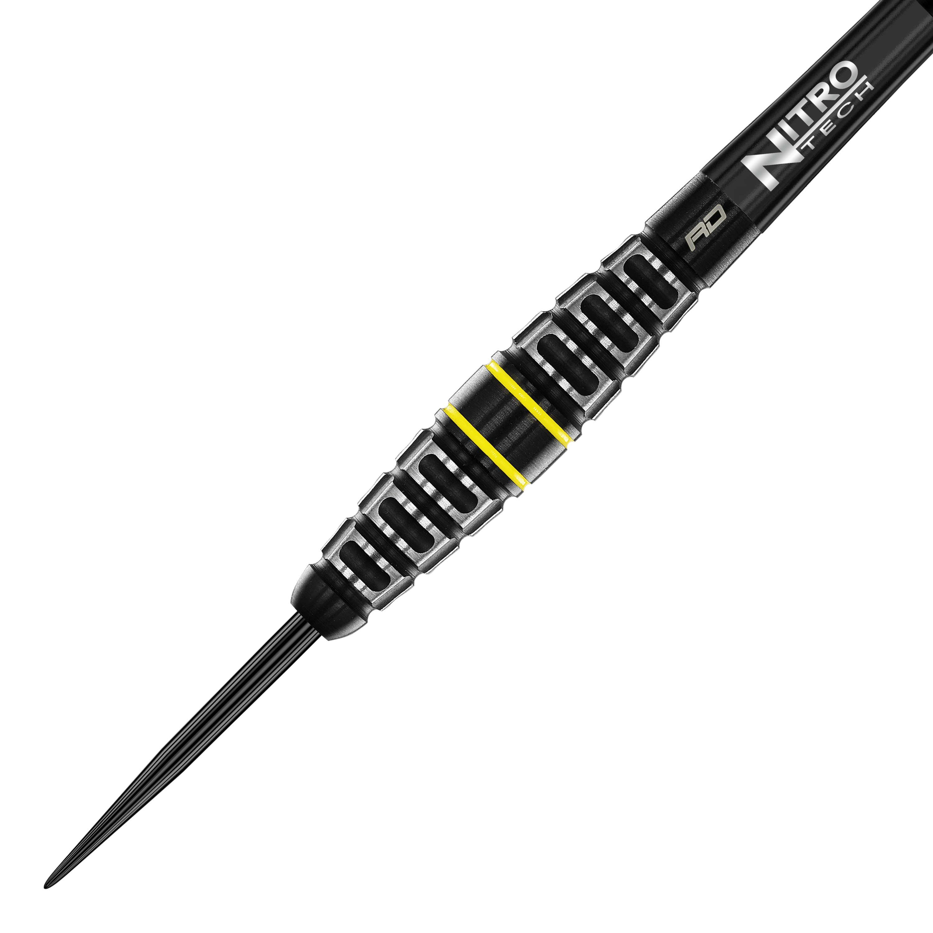 Fléchettes en acier Red Dragon Astraeus Q4X Torpedo Das Bild zeigt den Red Dragon Astraeus Q4X Torpedo Steeldart. Der Dart hat ein schwarzes Design mit silbernen Rillen und gelben Akzenten.