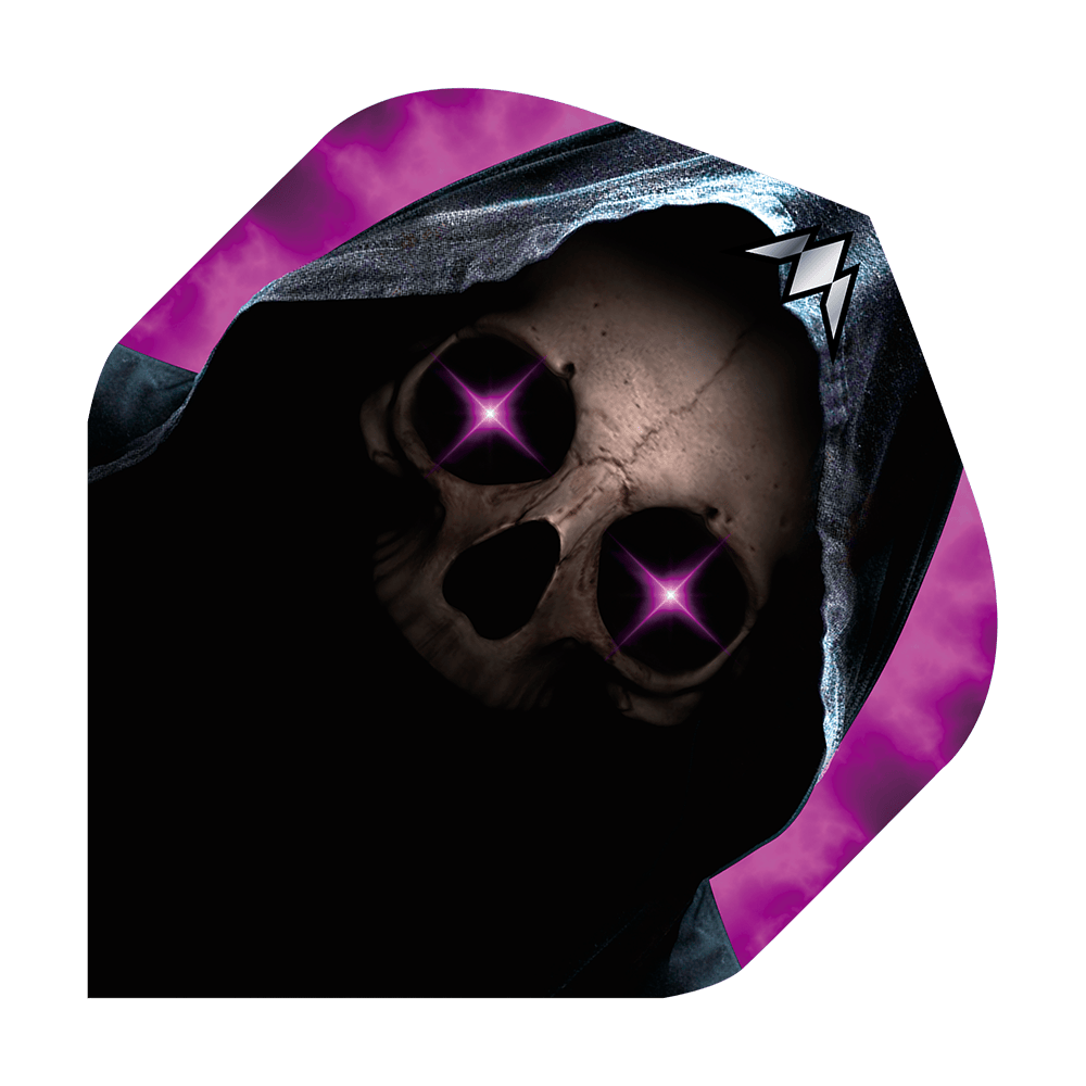 Mission Solo Phantom n°2 Vols standard Das Bild zeigt ein Dartflight mit einem Totenkopf in einer dunklen Kapuze. Die Augen des Schädels leuchten in einem auffälligen Lila mit Sternenform.