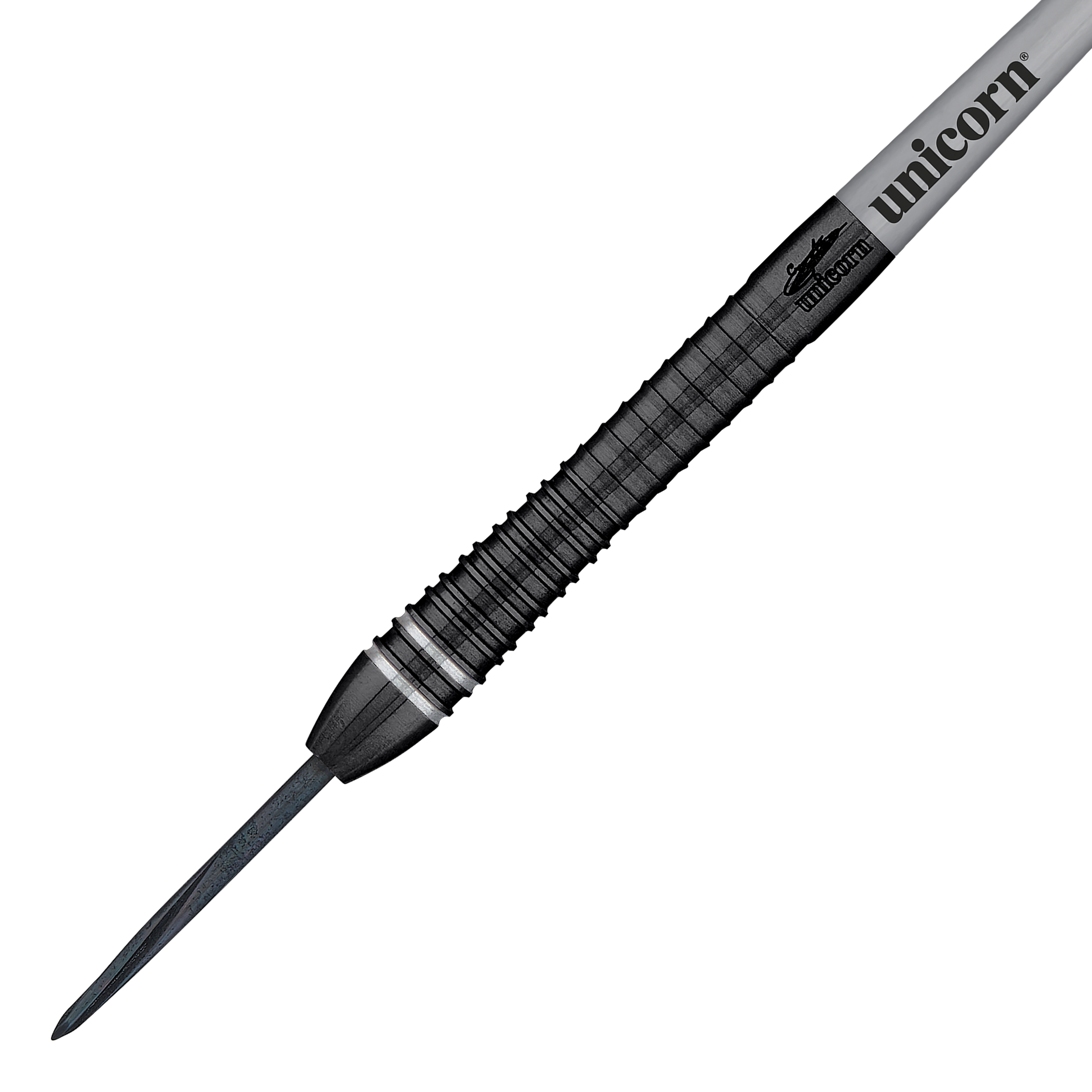 Gary Anderson, champion du monde de la licorne, fléchettes Steeldarts Noir Phase 6 Das Bild zeigt einen Steeldartpfeil aus der Serie "Unicorn World Champion Gary Anderson Noir Phase 6". Der Dartpfeil ist schwarz mit silbernen Akzenten und trägt das "Unicorn"-Logo.