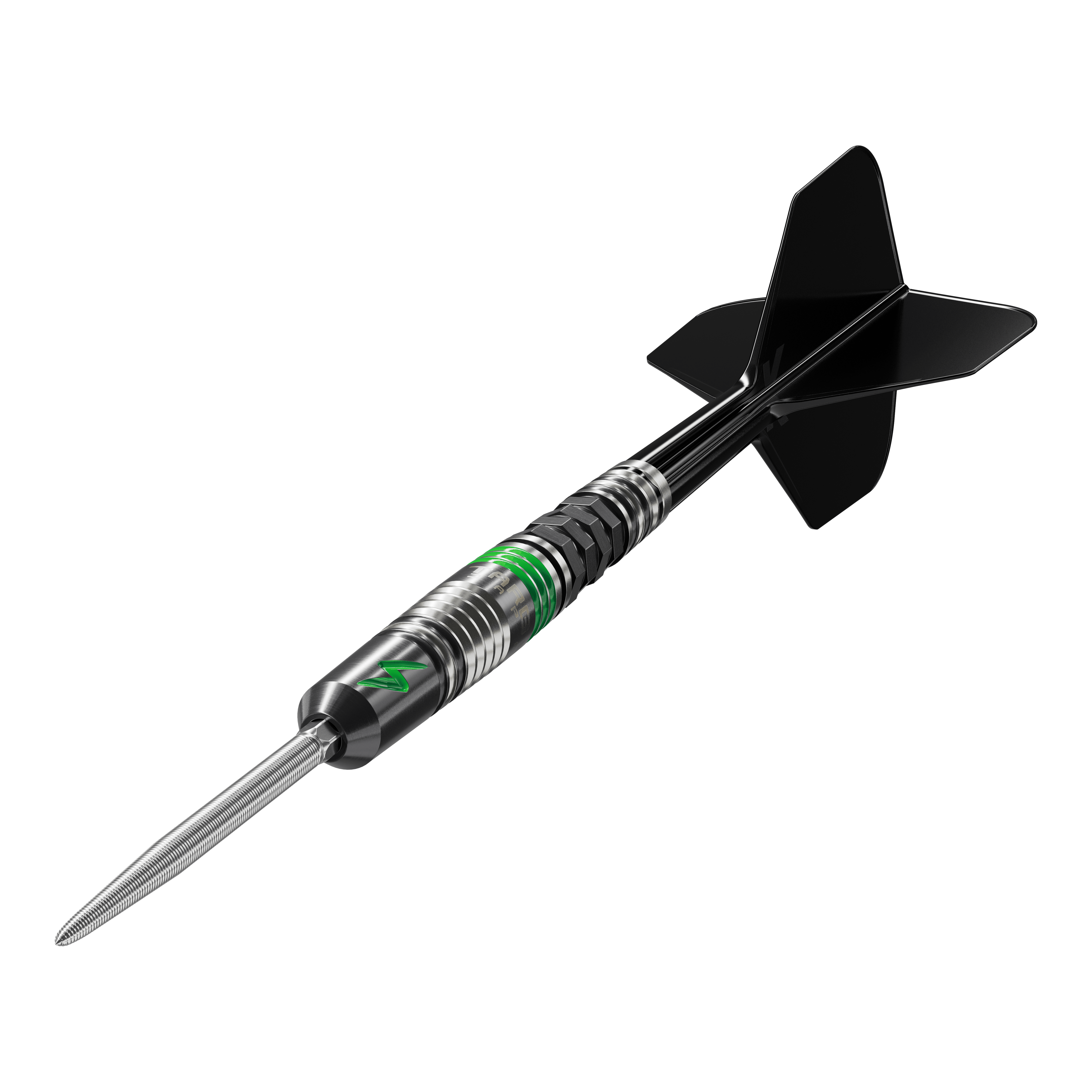 Fléchettes en acier Target Japan Black Marque Lightning 3 SP Das Bild zeigt den Target Japan Black Marque Lightning 3 SP Steeldart. Der Dartpfeil ist schwarz-silber mit grünen Akzenten und hat schwarze Flights.