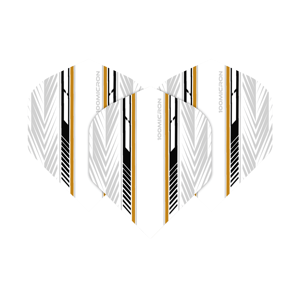 Vols de Pentathlon blanc/noir/or Das Bild zeigt die Pentathlon White Black Gold No2 Standard Flights für Dartpfeile. Die Flights sind überwiegend weiß mit schwarzen und goldenen Zierstreifen sowie geometrischen Mustern.