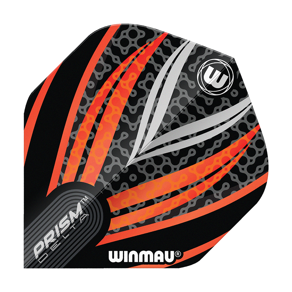 Vols standard Winmau Prism Delta Noir Blanc Orange n° 2 Das Bild zeigt ein Dart-Flight der Marke Winmau mit dem Namen "Prism Delta Schwarz Weiß Orange No2 Standard Flights". Das Design besteht aus schwarzen, weißen und orangefarbenen Streifen mit einem modernen Muster.