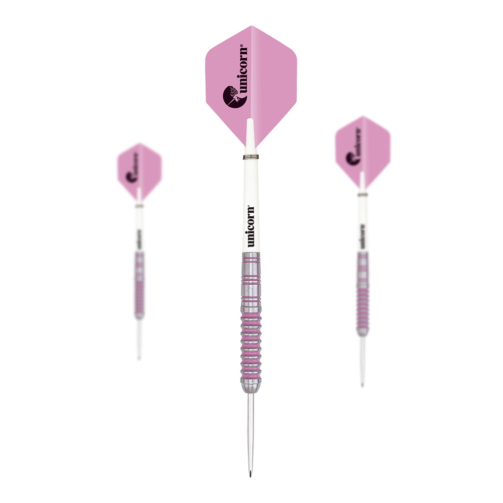 Steeldarts autographe de licorne Das Bild zeigt drei Unicorn Autograph Steeldarts mit rosa Flights. Die Darts haben eine weiße Mitte und einen geriffelten, silber-rosa Schaft.