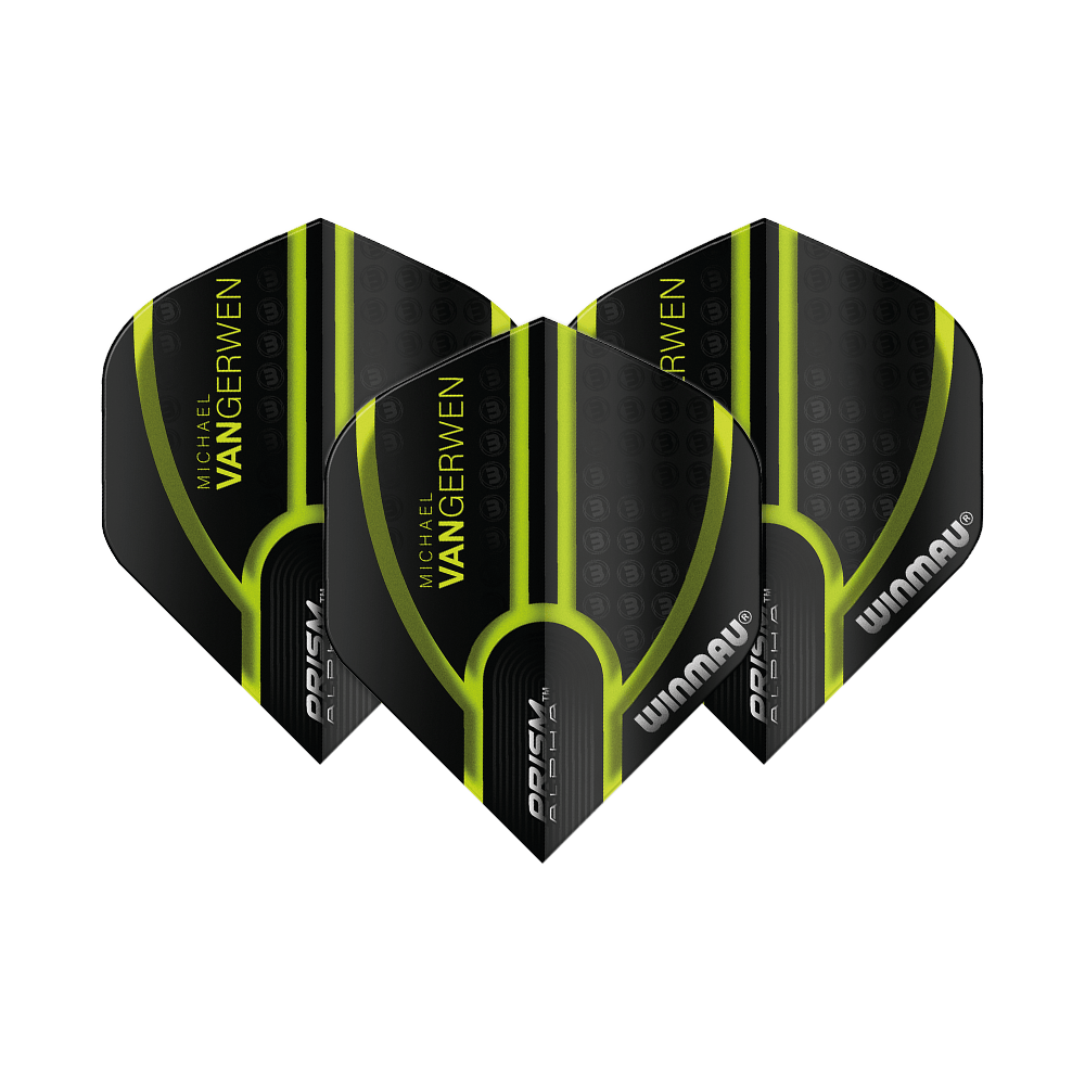 Das Bild zeigt drei schwarze und grüne Dartflights mit dem Aufdruck "Michael van Gerwen" und "Winmau". Es handelt sich um das Produkt "Winmau Prism Alpha MvG Black Green V1 Standard Flights".