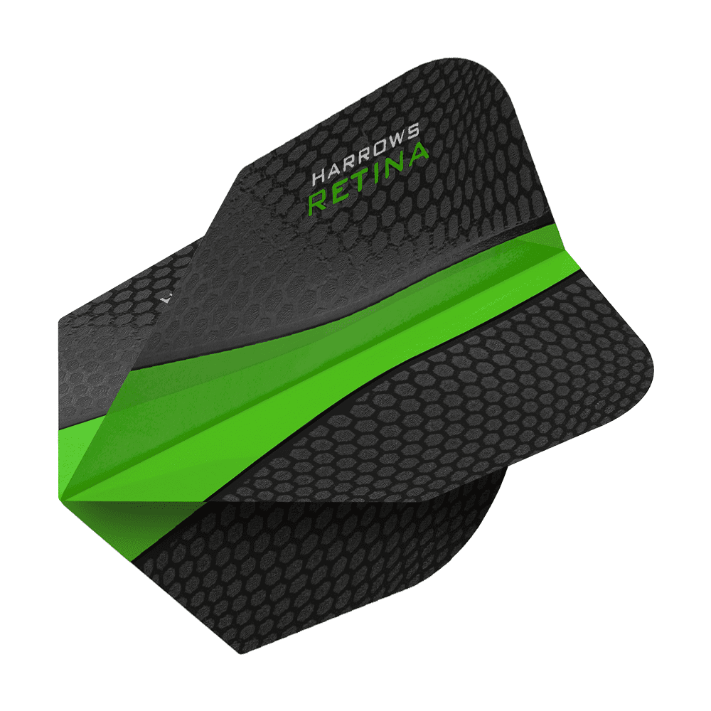 HR5508_Harrows_Retina_Gr-n_No2_Standard_Flights_2 Das Bild zeigt ein Dartflight mit dem Produktnamen "Harrows Retina Grün No6 Flights". Das Flight ist schwarz mit einer grünen Linie und einer wabenartigen Struktur.