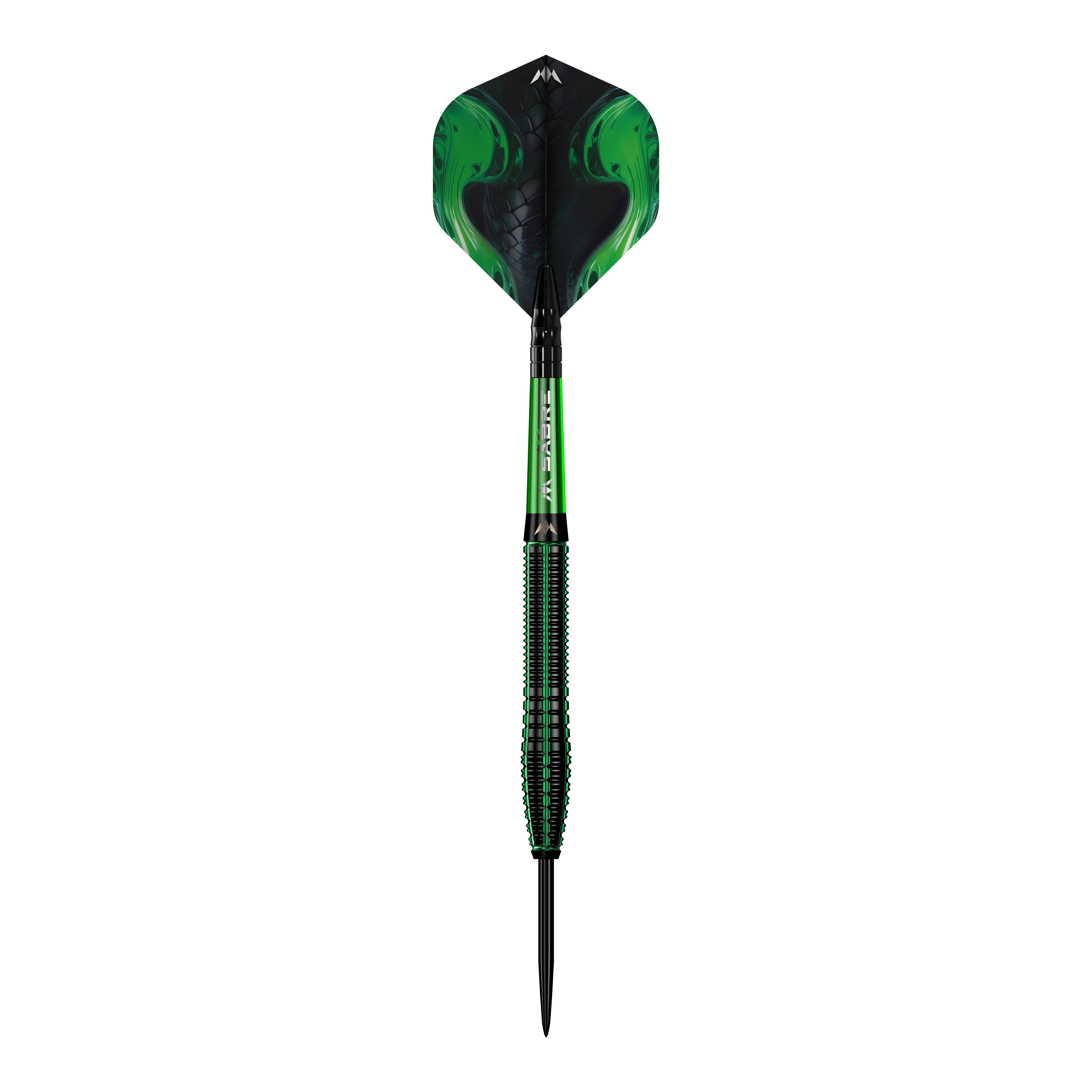 Fléchettes en acier Mission Venom Das Bild zeigt einen Mission Venom Steeldart mit einem auffälligen, grünen Design. Der Schaft und die Flights haben ein modernes Muster, das an Schlangenhaut erinnert.