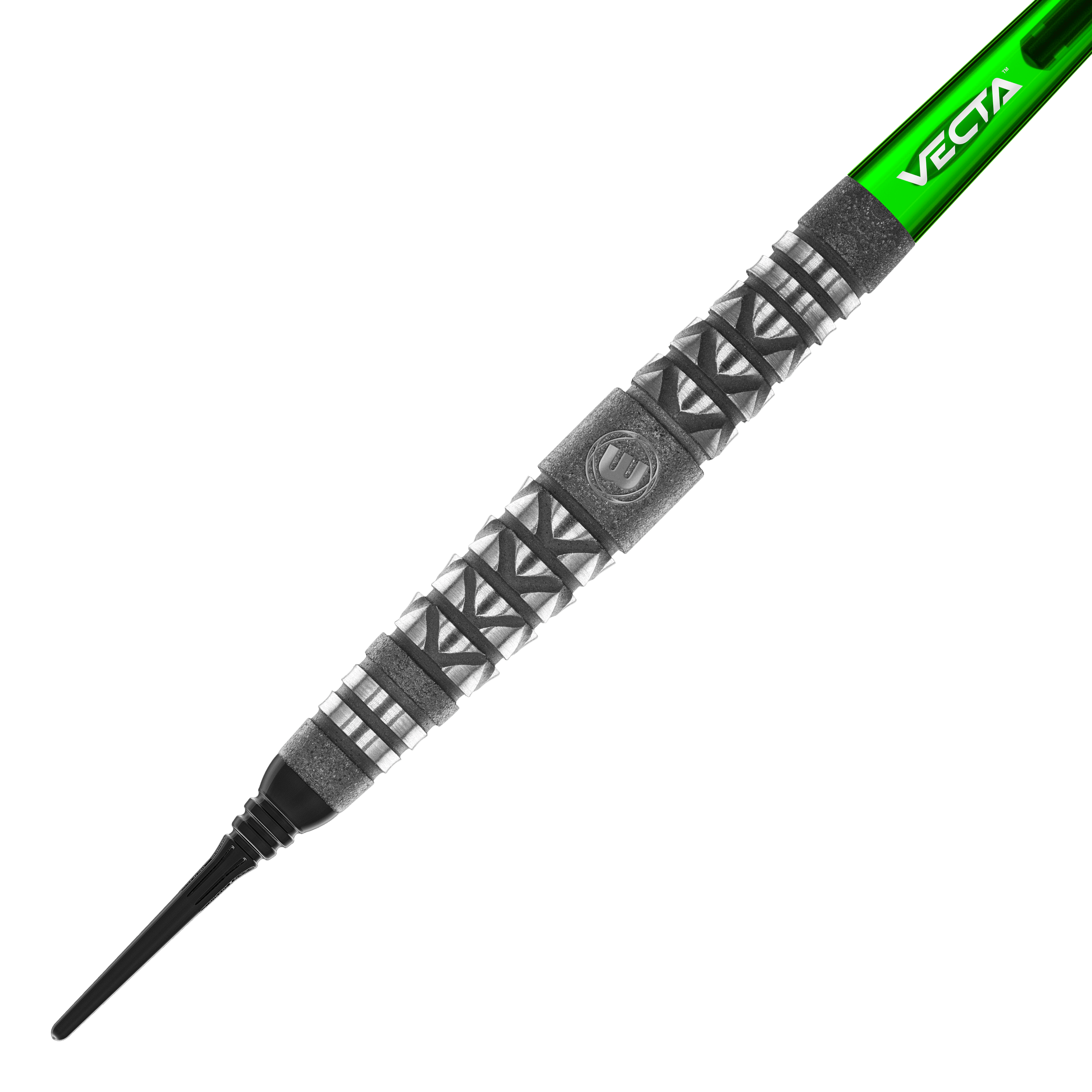Fléchettes souples Winmau Simon Whitlock à poignée atomisée Das Bild zeigt einen Winmau Simon Whitlock Atomised Grip Softdart. Der Dart hat ein auffälliges Griffmuster und einen grünen Schaft mit der Aufschrift "VECTA".