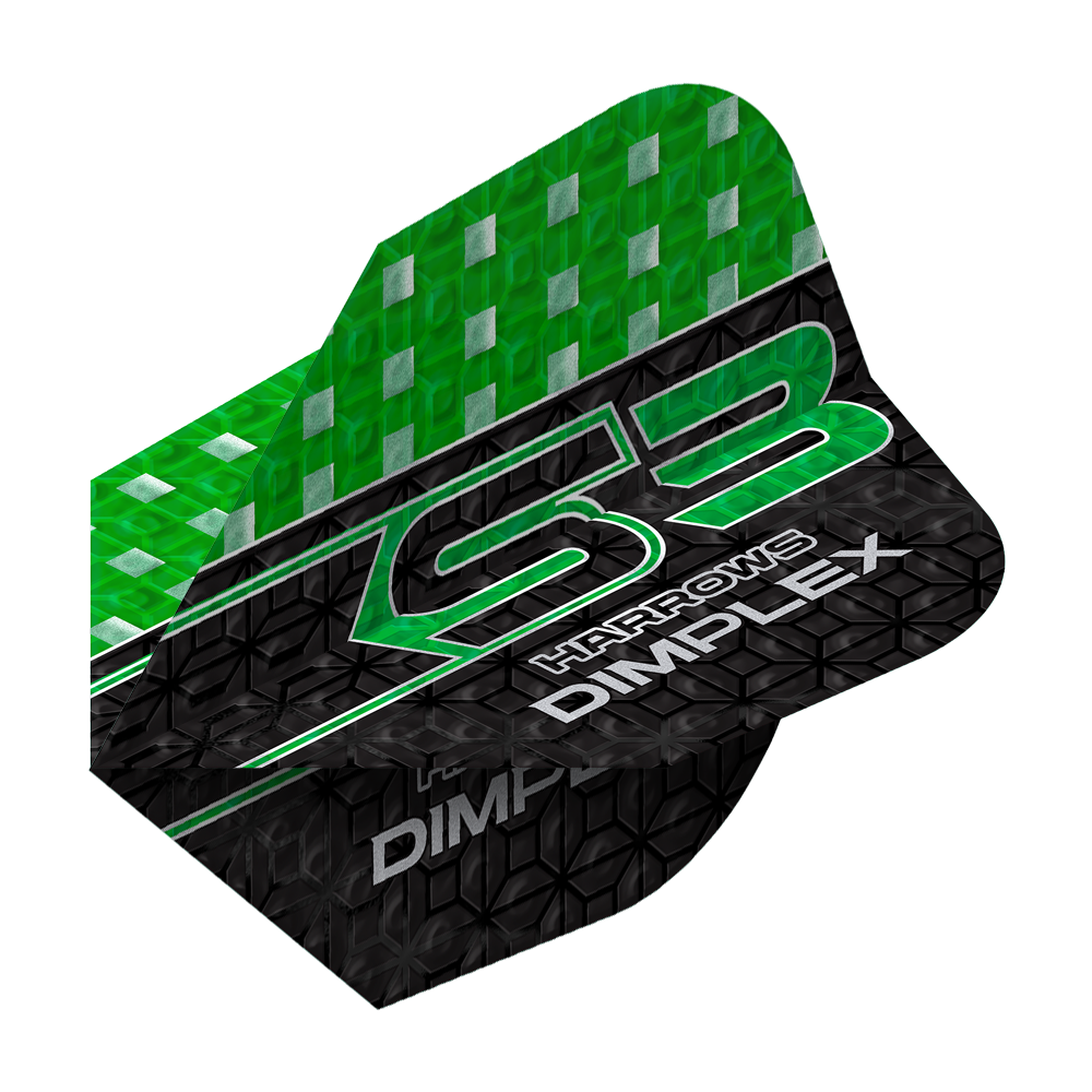 Volets Harrows Dimplex S3 - Vert Das Bild zeigt einen grünen und schwarzen Dartflight mit der Aufschrift "Harrows Dimplex S3". Das obere Drittel ist grün mit silbernen Quadraten, der Rest ist schwarz mit einem Muster und weißen Schriftzügen.