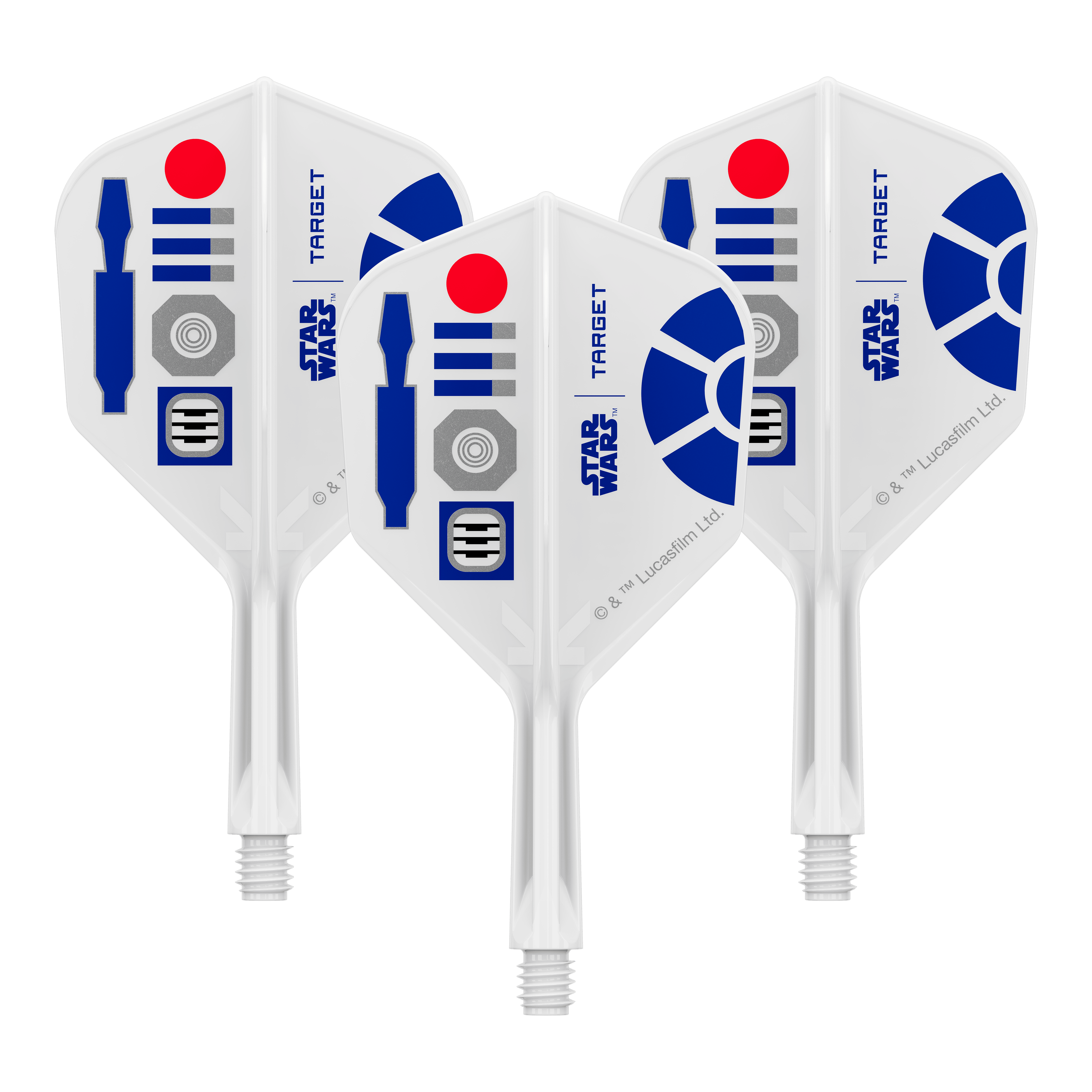 Abgebildet sind Dart-Flights mit Star Wars R2D2 Motiv und dem Dateinamen 410510_Target_StarWars_KFlex_R2D2_No6_Flights_Short_19mm_1Set. Es handelt sich um ein Set kurzer Dart-Flights.