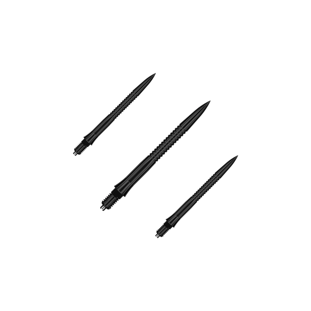 Embouts de fléchettes Caliburn EZ-EVO - Rainurés - Noirs Das Bild zeigt ein Set EVO201 Caliburn EZ-EVO Dartspitzen mit Rillen in Schwarz, jeweils 28 mm lang. Das Set ist ideal für Dartliebhaber und Vielspieler.