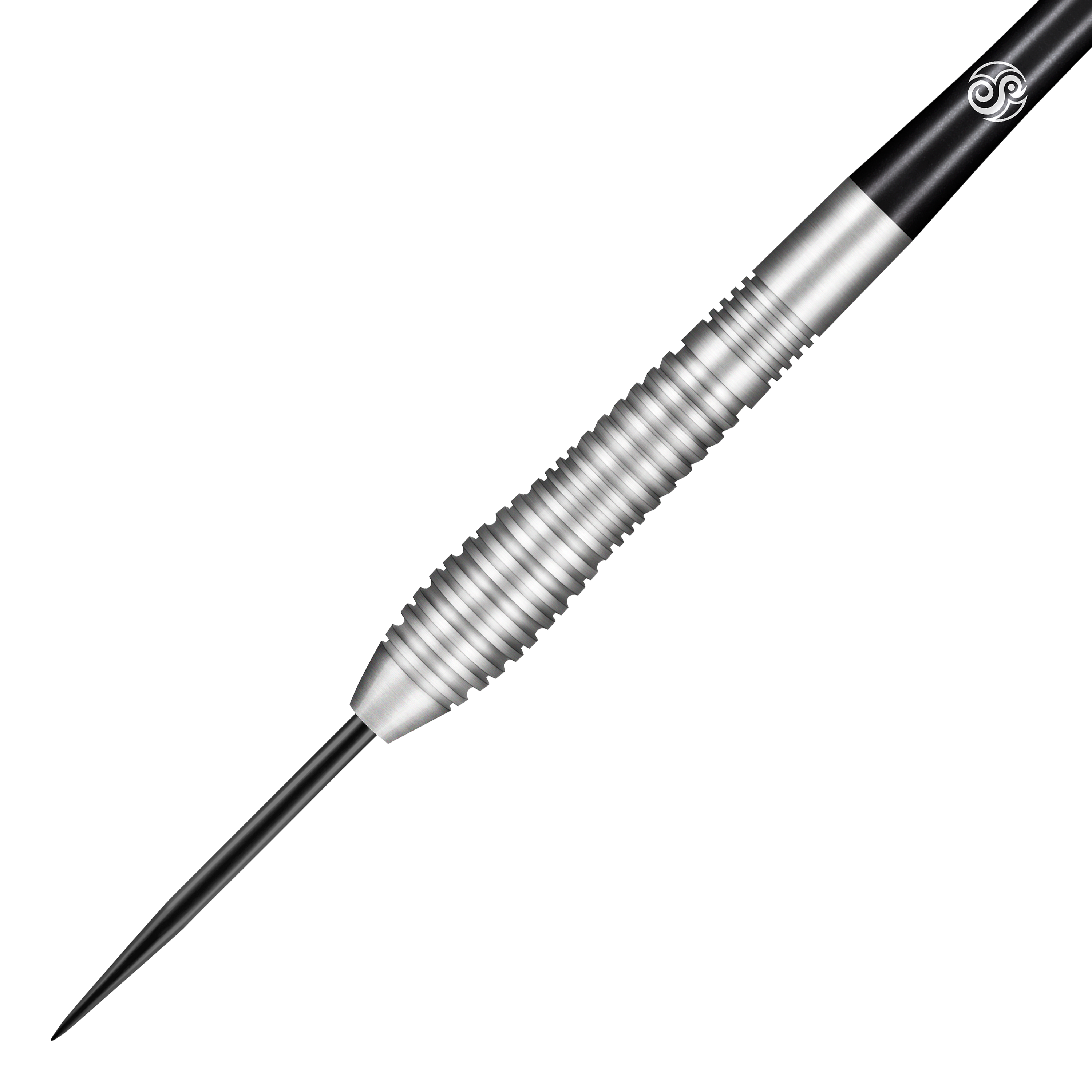 Fléchettes en acier Kestrel pour oiseaux de proie Das Bild zeigt einen Shot Birds Of Prey Kestrel Steeldart. Der Dartpfeil hat einen silbernen, geriffelten Körper und eine schwarze Spitze.