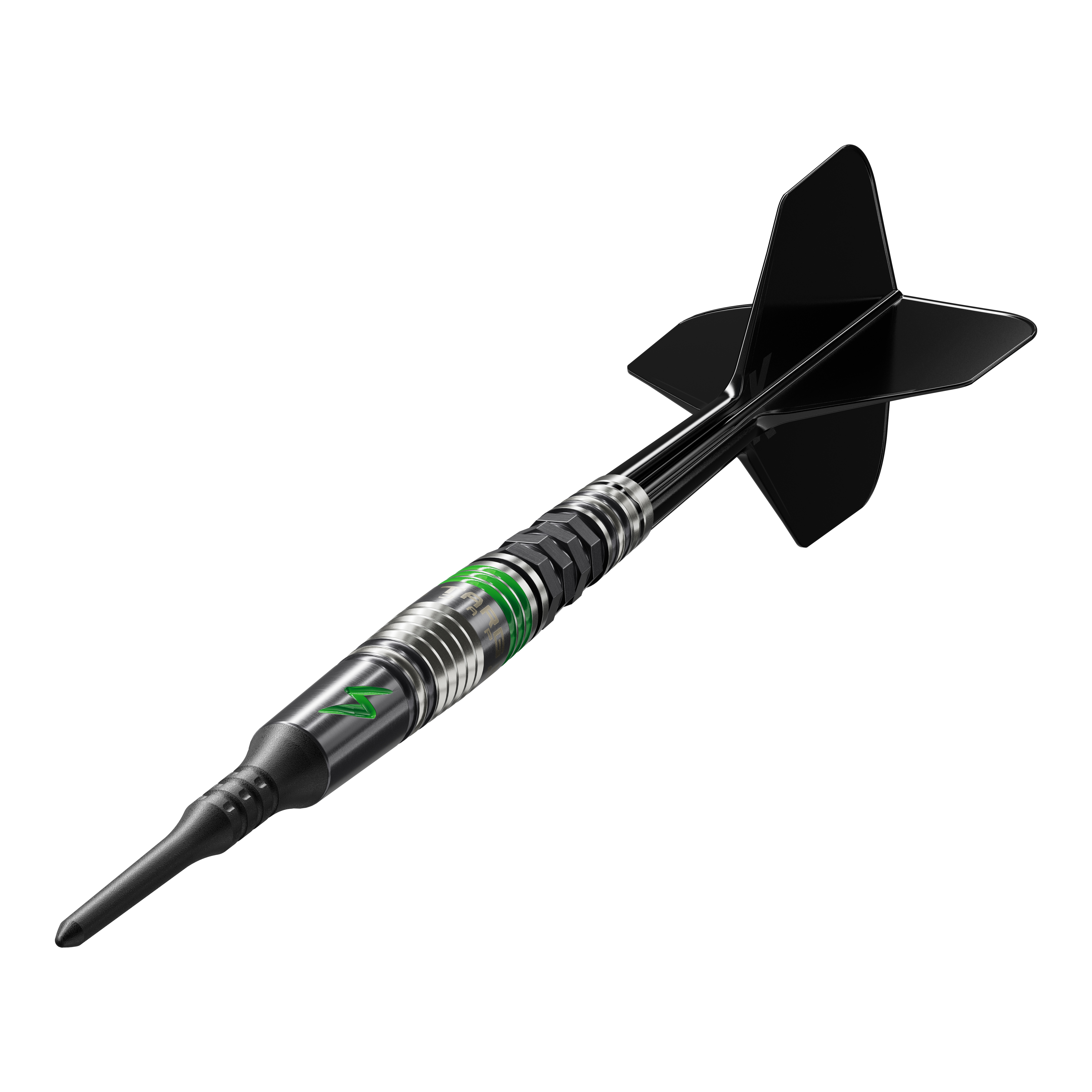 Fléchettes souples Target Japan Black Marque Lightning 3 - 19 g Das Bild zeigt einen Softdart der Marke Target Japan Black Marque Lightning 3 mit einem Gewicht von 19 Gramm. Der Dartpfeil ist schwarz und silber mit grünen Akzenten und hat schwarze Flights.