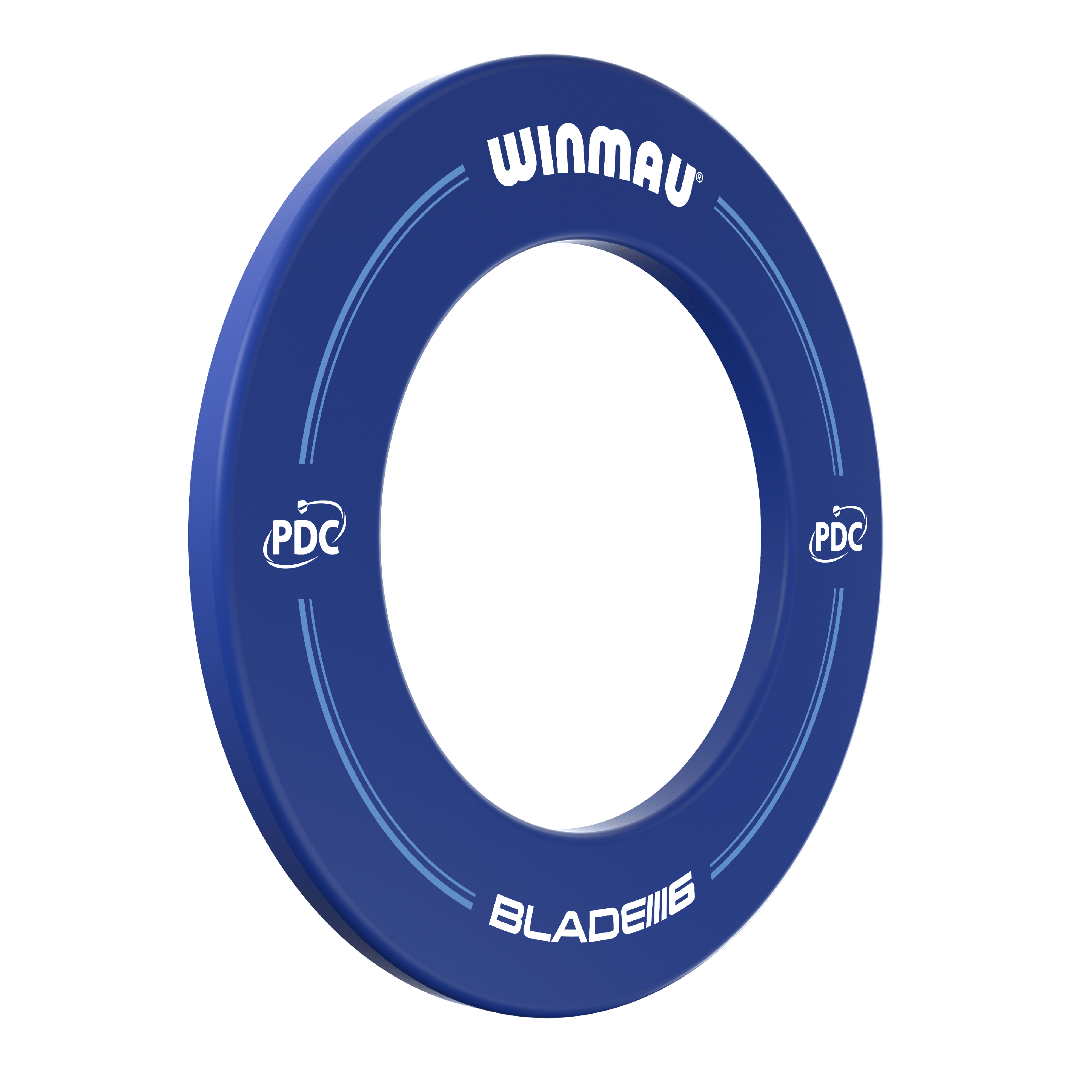 Cadre de fléchettes Winmau PDC - Bleu Das Bild zeigt einen blauen Dartboard-Surround der Marke Winmau mit der Aufschrift "BLADE 6" und "PDC". Der Ring dient zum Schutz der Wand rund um eine Dartscheibe.