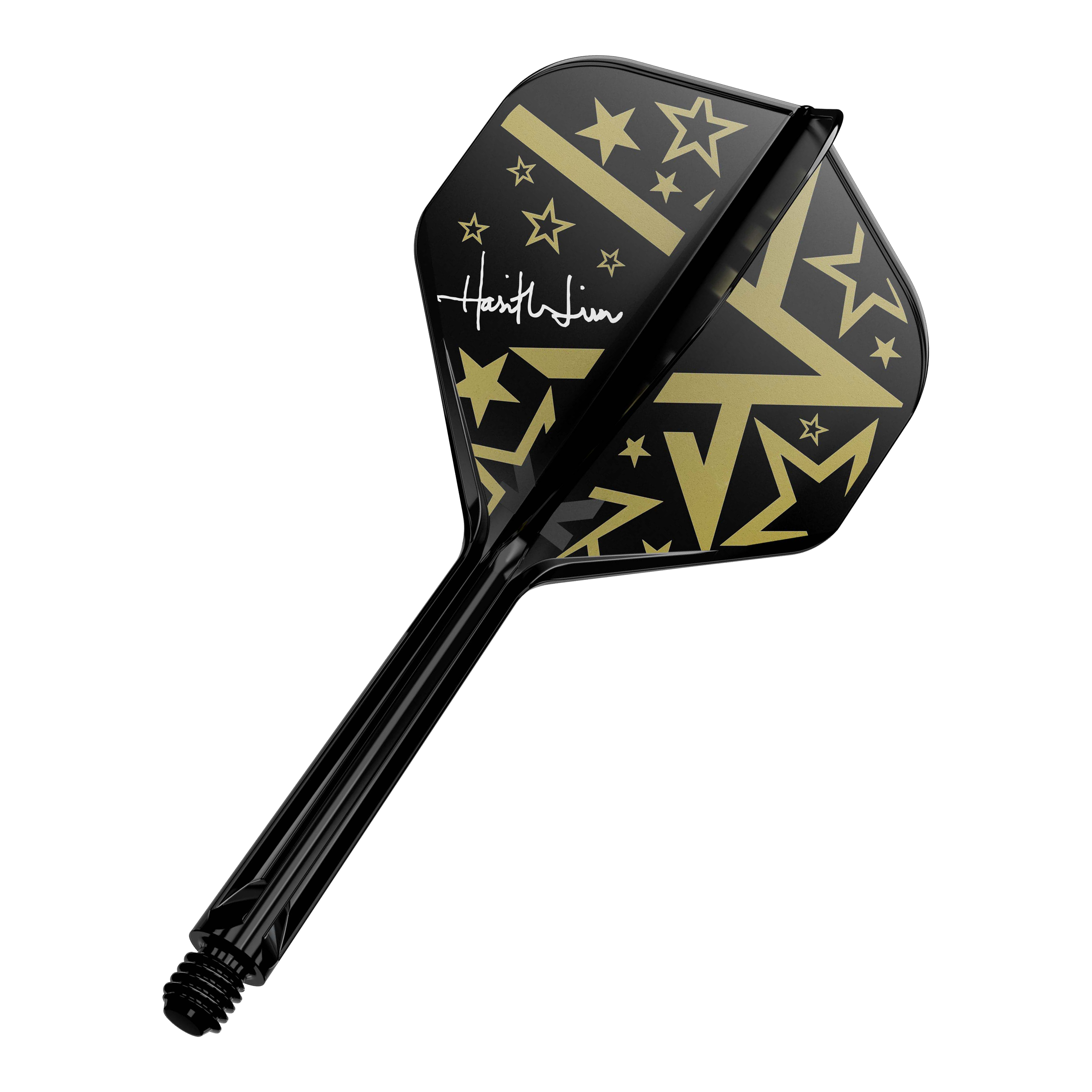 Système d'arbre de vol standard Target Japan K-Flex Hot Shot No2 Dies ist ein schwarzer Dartschaft mit einem Flight in Schwarz und Gold. Das Flight-Design zeigt goldene Sterne und geometrische Muster sowie eine weiße Unterschrift.