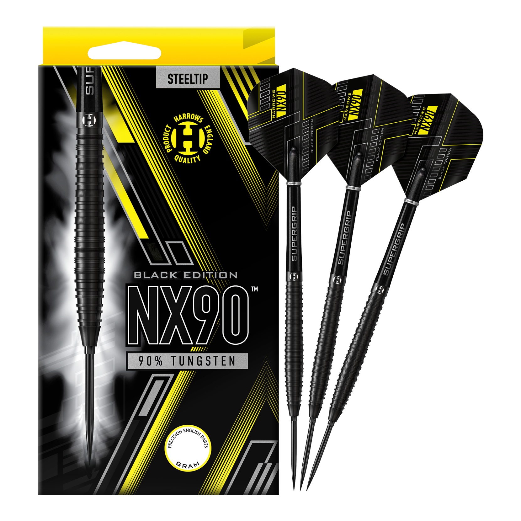 Fléchettes en acier Harrows NX90 Black Edition à pointe rapide conique Abgebildet sind die Harrows NX90 Black Edition Tapered Quick Point Steeldarts. Die schwarzen Steeldarts haben eine schlanke, konische Form.