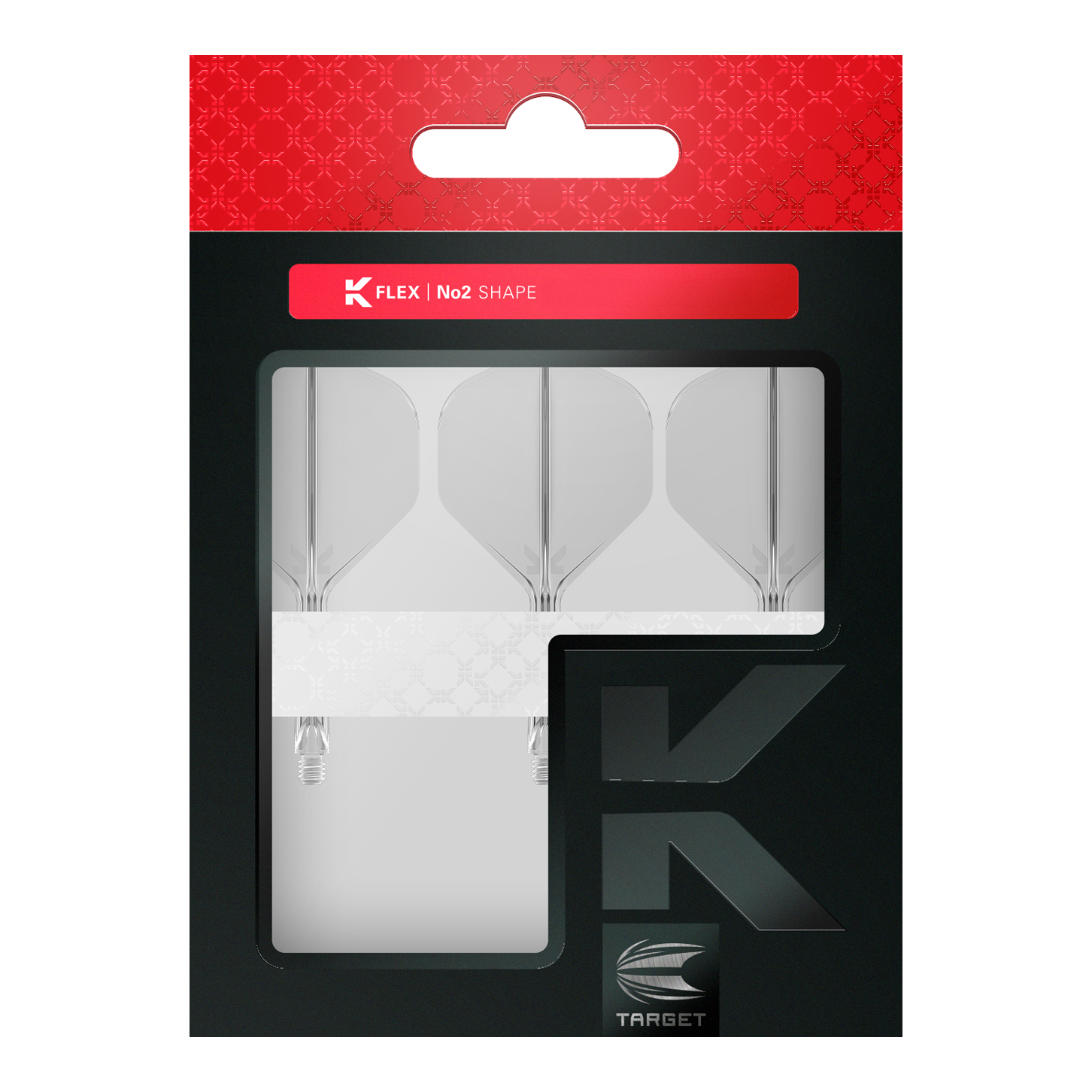 Système de vol standard Target K-Flex No2 - Transparent Das Bild zeigt eine Packung mit Target K-Flex No2 Standard Flights in durchsichtigem Design. Die Verpackung ist schwarz mit einem roten Abschnitt oben und enthält vier Flights.