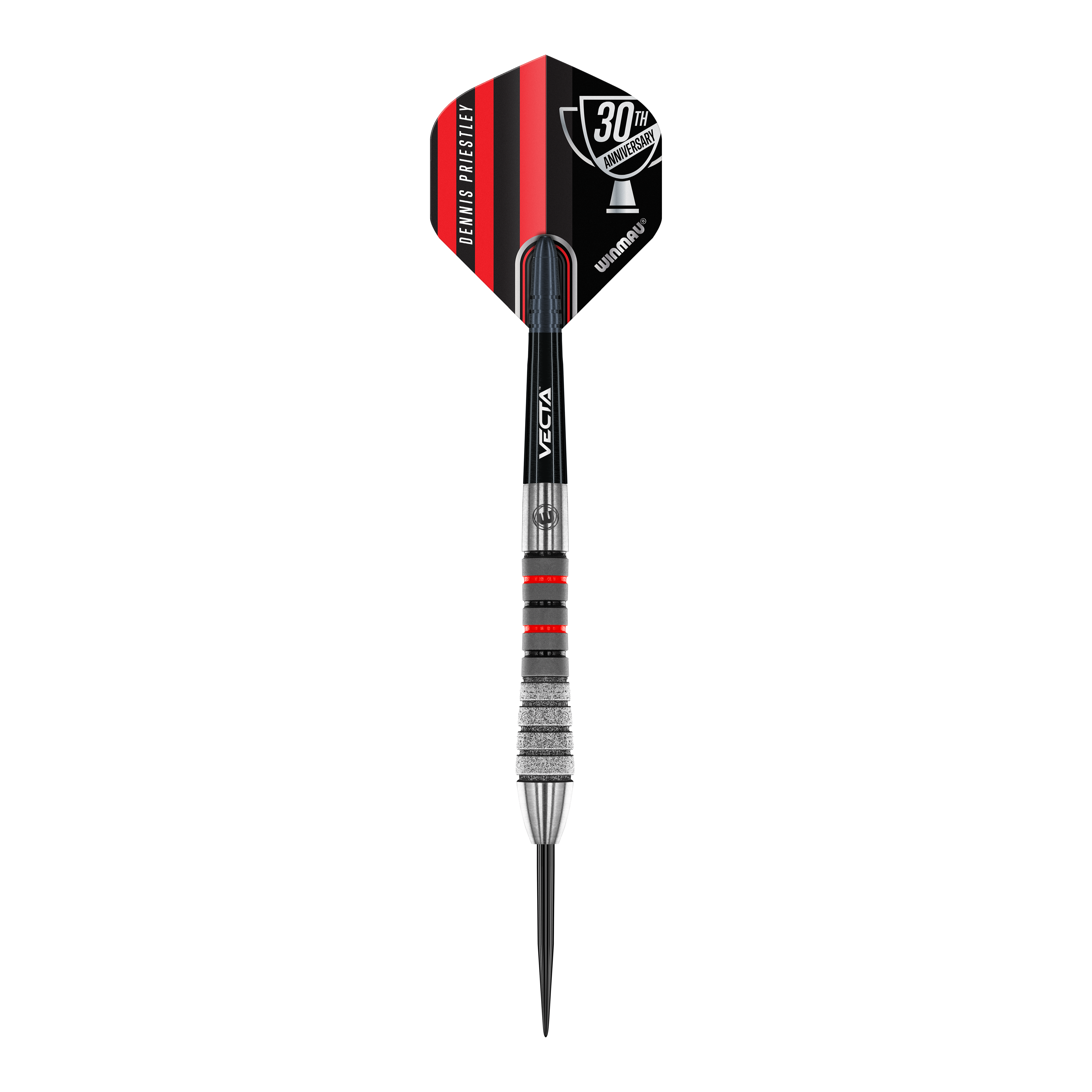 Fléchettes en acier Winmau Dennis Priestley Diamond 3-Zero Das Bild zeigt einen Winmau Dennis Priestley Diamond 3-Zero Steeldart. Der Dartpfeil hat schwarze, silberne und rote Details sowie eine 30th Anniversary-Beschriftung auf dem Flight.