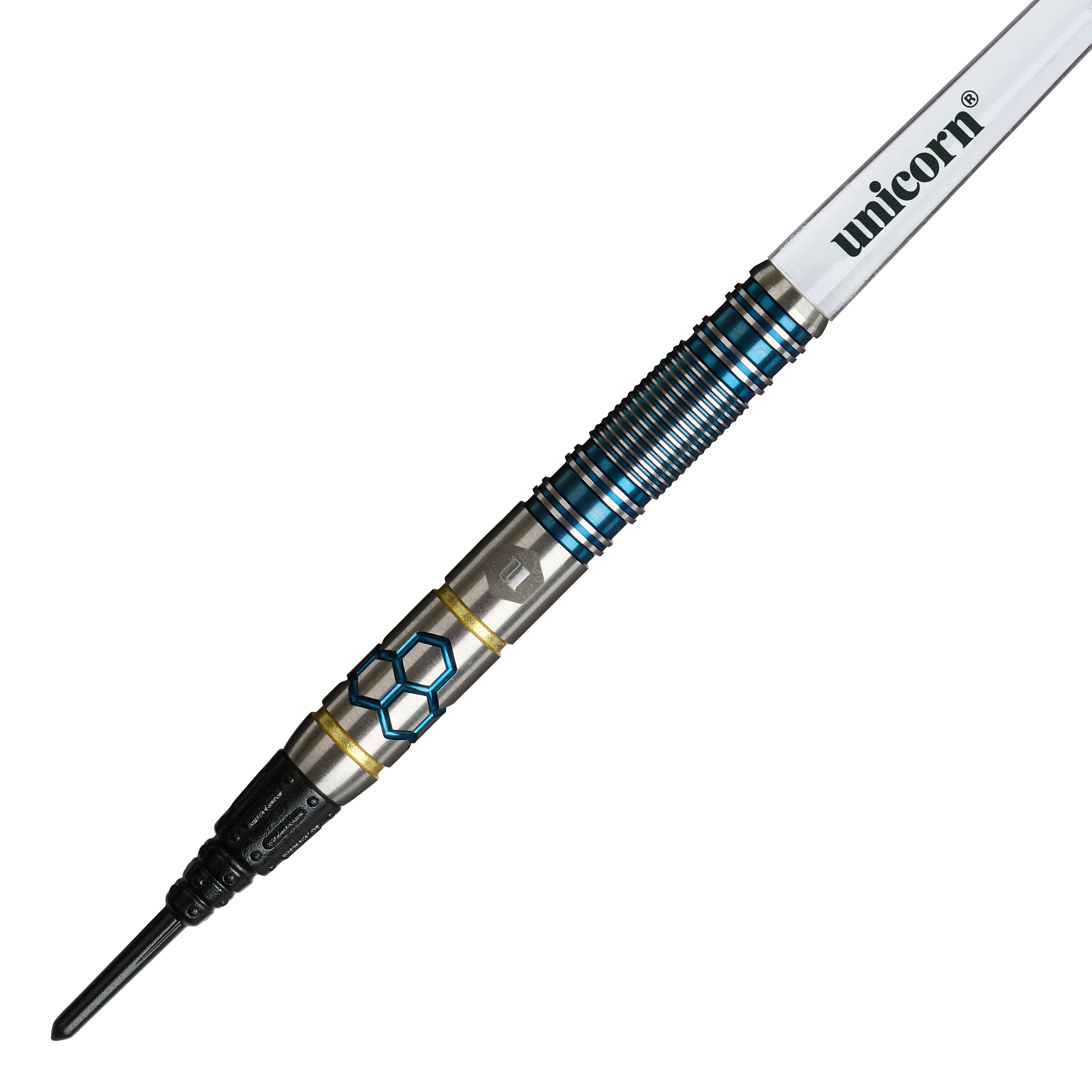 Fléchettes souples Unicorn Hexium Style 02 bleues et dorées - 21 g Unicorn Hexium Style 02 Blue & Gold Softdarts - 21g ist auf diesem Bild zu sehen. Die Softdarts sind in den Farben Blau und Gold gestaltet.