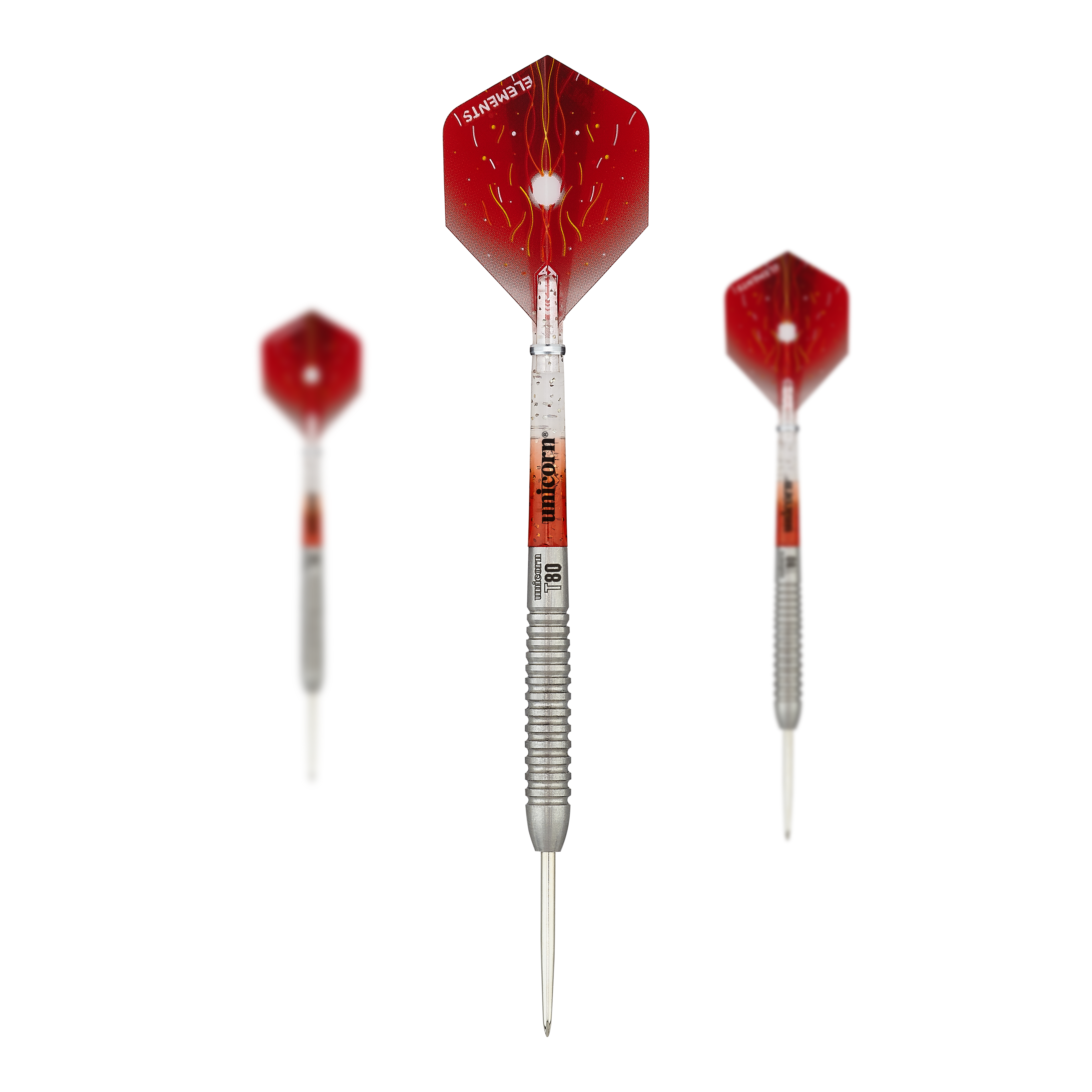 Fléchettes en acier Unicorn Core XL Striker Style 5 Das Bild zeigt drei Steeldarts des Produkts "Unicorn Core XL Striker Style 5". Die Darts haben rote Flights und einen silbernen, geriffelten Schaft.