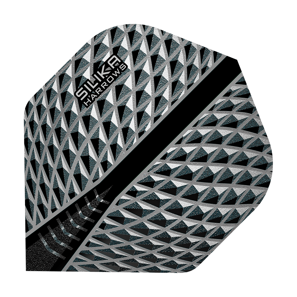 HR85_Harrows_Silika_Smokey_No2_Standard_Flights_1 Das Bild zeigt das Produkt „Harrows Silika Smokey No2 Standard Flights“. Es hat ein geometrisches Muster in Schwarz, Silber und Grau mit dem Markennamen in der Ecke.