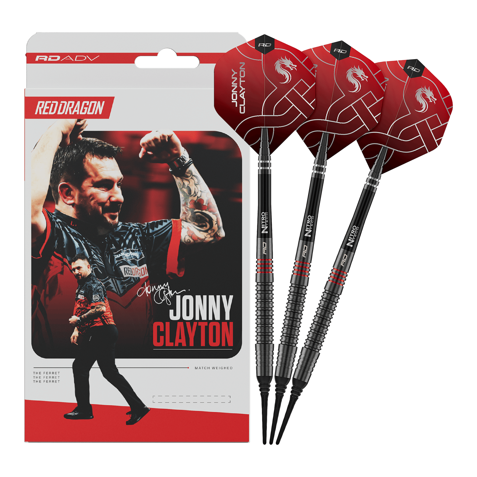 Fléchettes souples Red Dragon Jonny Clayton RD-ADV - 18 g Das Foto zeigt die Red Dragon Jonny Clayton RD-ADV Softdarts - 18g. Die volle Länge des Darts ist abgebildet.